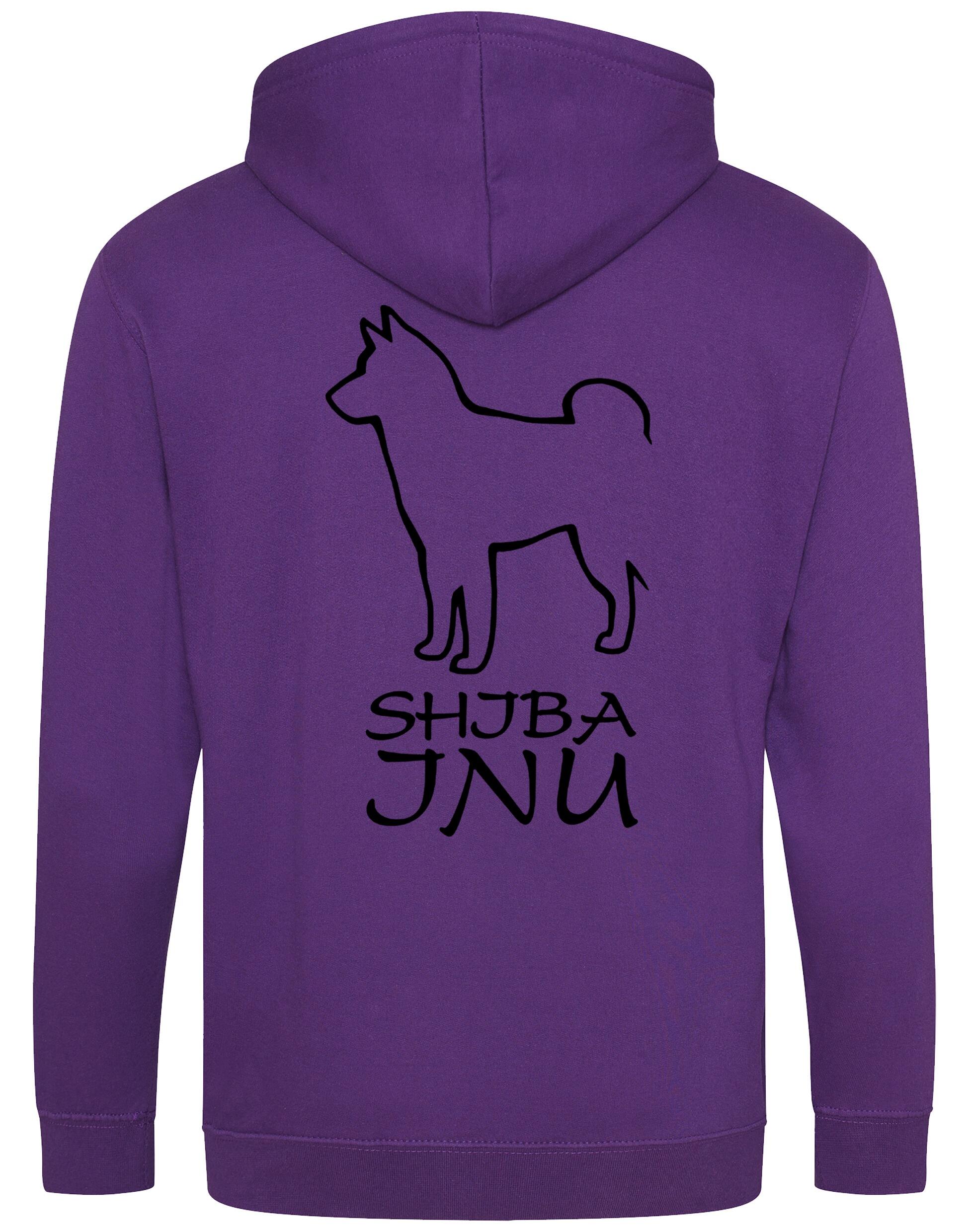 Unisex zipped hoodie featuring exclusive Shiba Inu artwork on the back, paw prints on the front, full-length zip, cozy brushed fleece lining, and front pockets – ideal for breed enthusiasts.