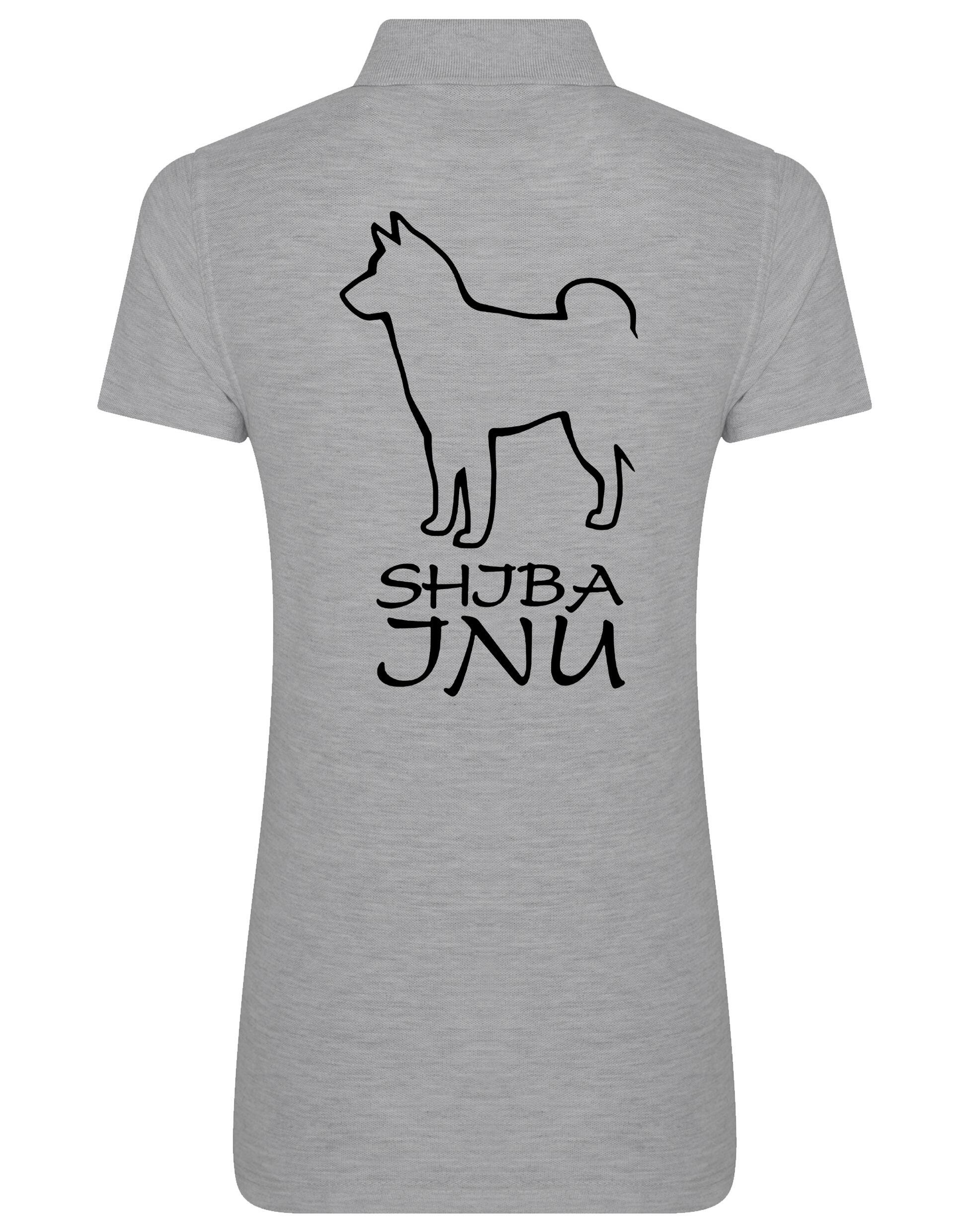 Women's cotton polo shirt featuring exclusive Shiba Inu artwork on the back, designed with a flattering feminine fit and breathable fabric, ideal for casual outings and breed events.