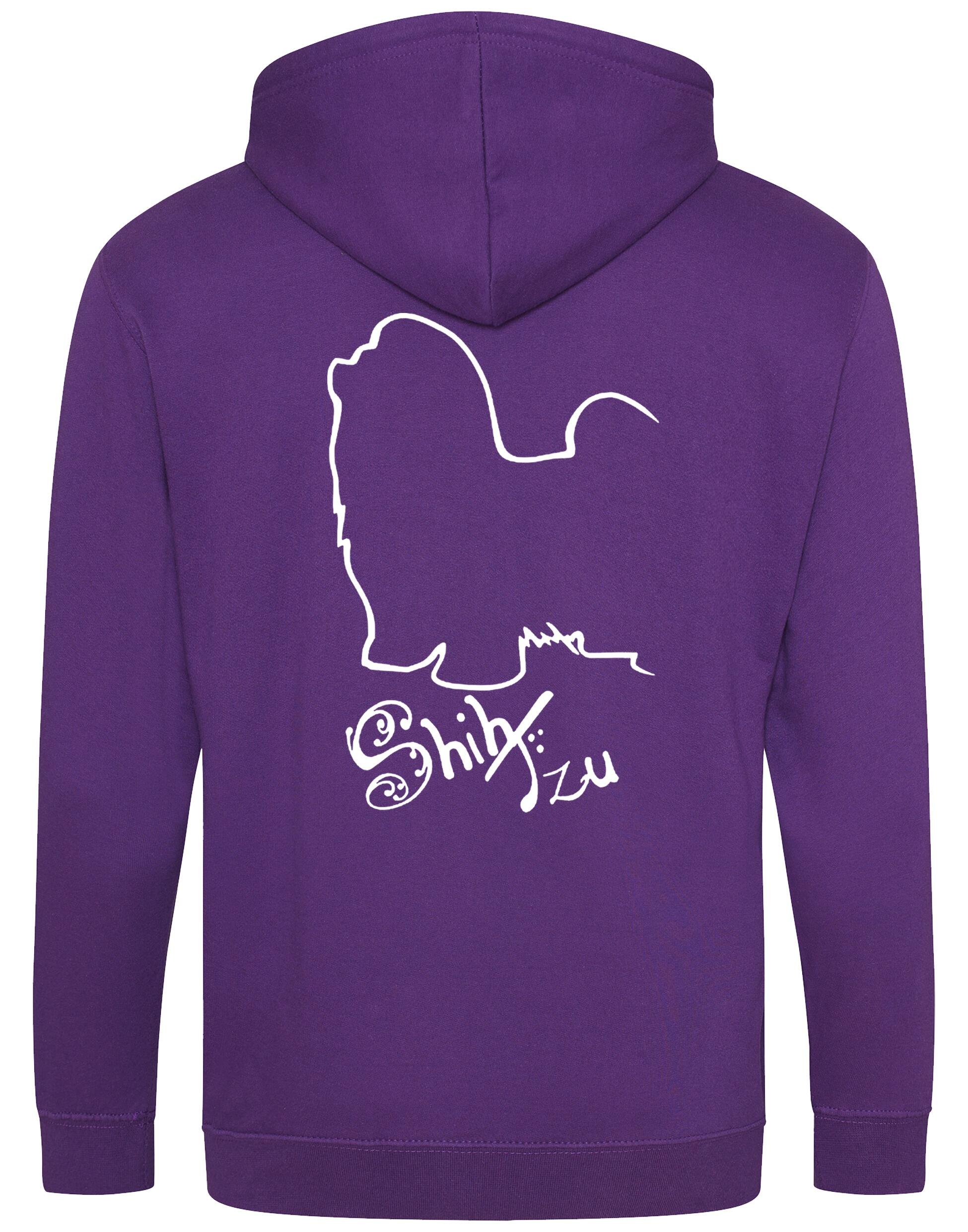 Shih Tzu zipped hoodie with paw prints on the front and detailed breed design on the back, full-zip style with hood and pockets, perfect for breed lovers.
