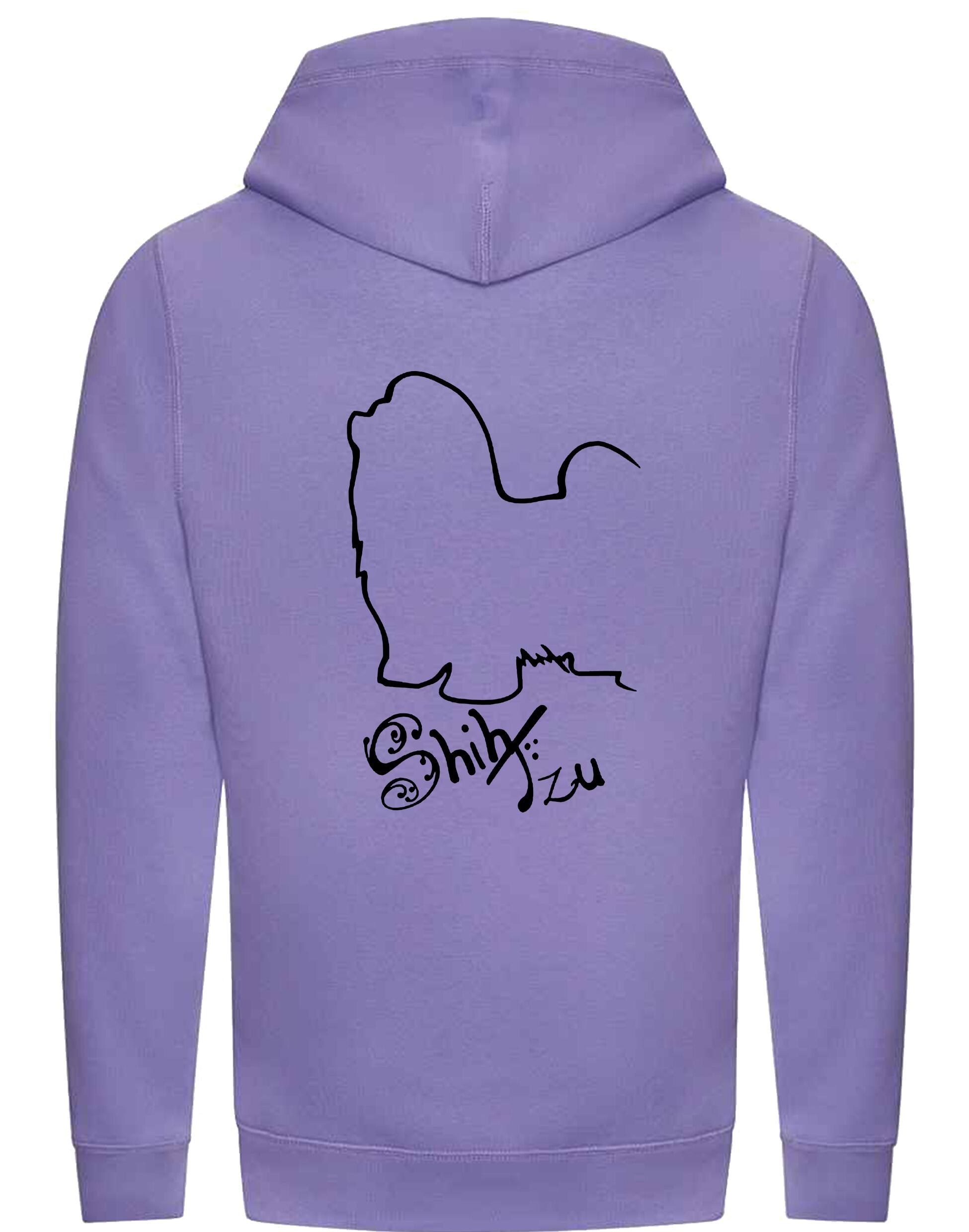 Unisex Shih Tzu crossneck hoodie with fleece lining and detailed breed design on the back, featuring kangaroo pocket and modern collar style.