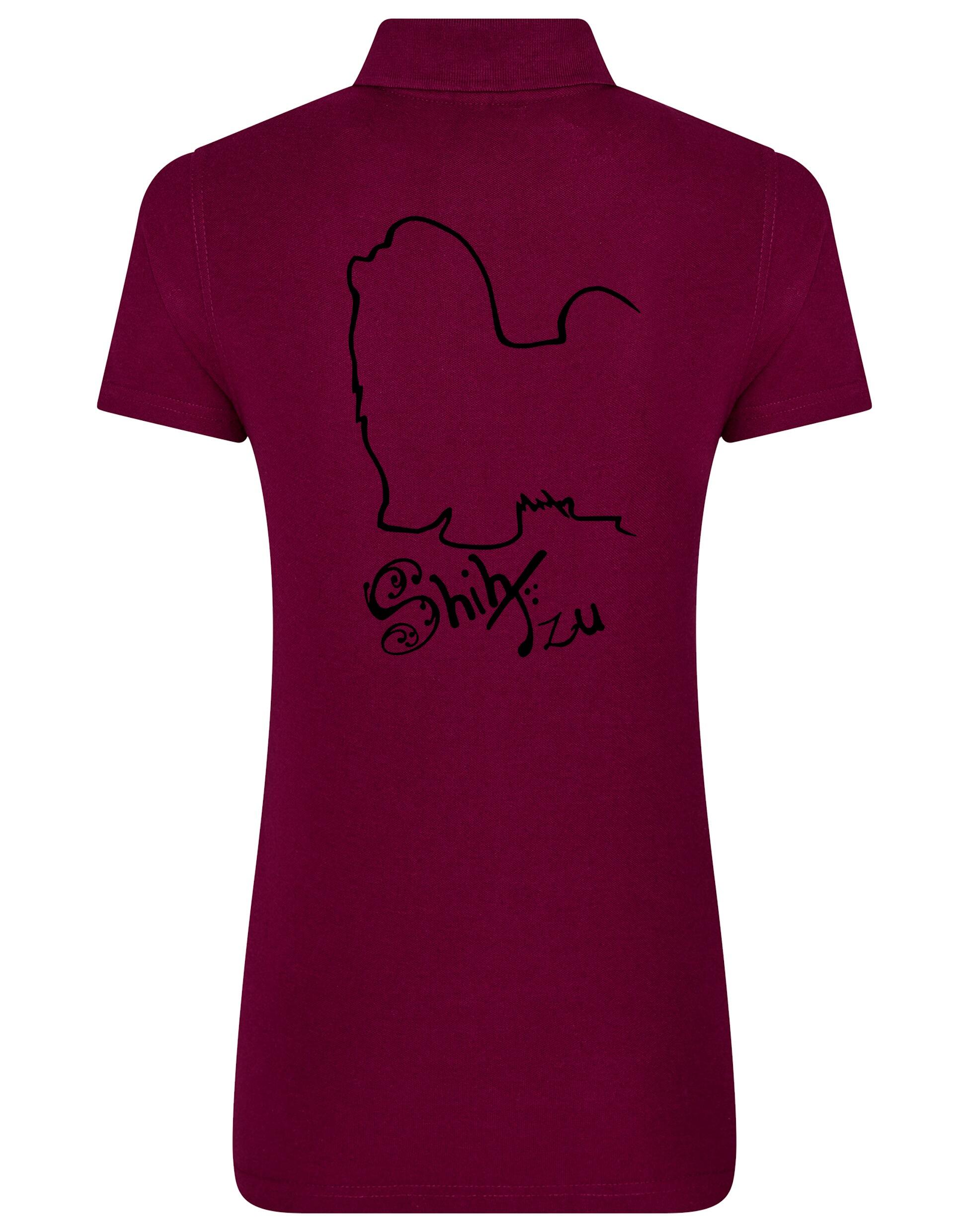 Women’s cotton polo shirt featuring exclusive Shih Tzu artwork on the back, with a flattering feminine fit, breathable fabric, and classic collar—ideal for casual wear or dog events.