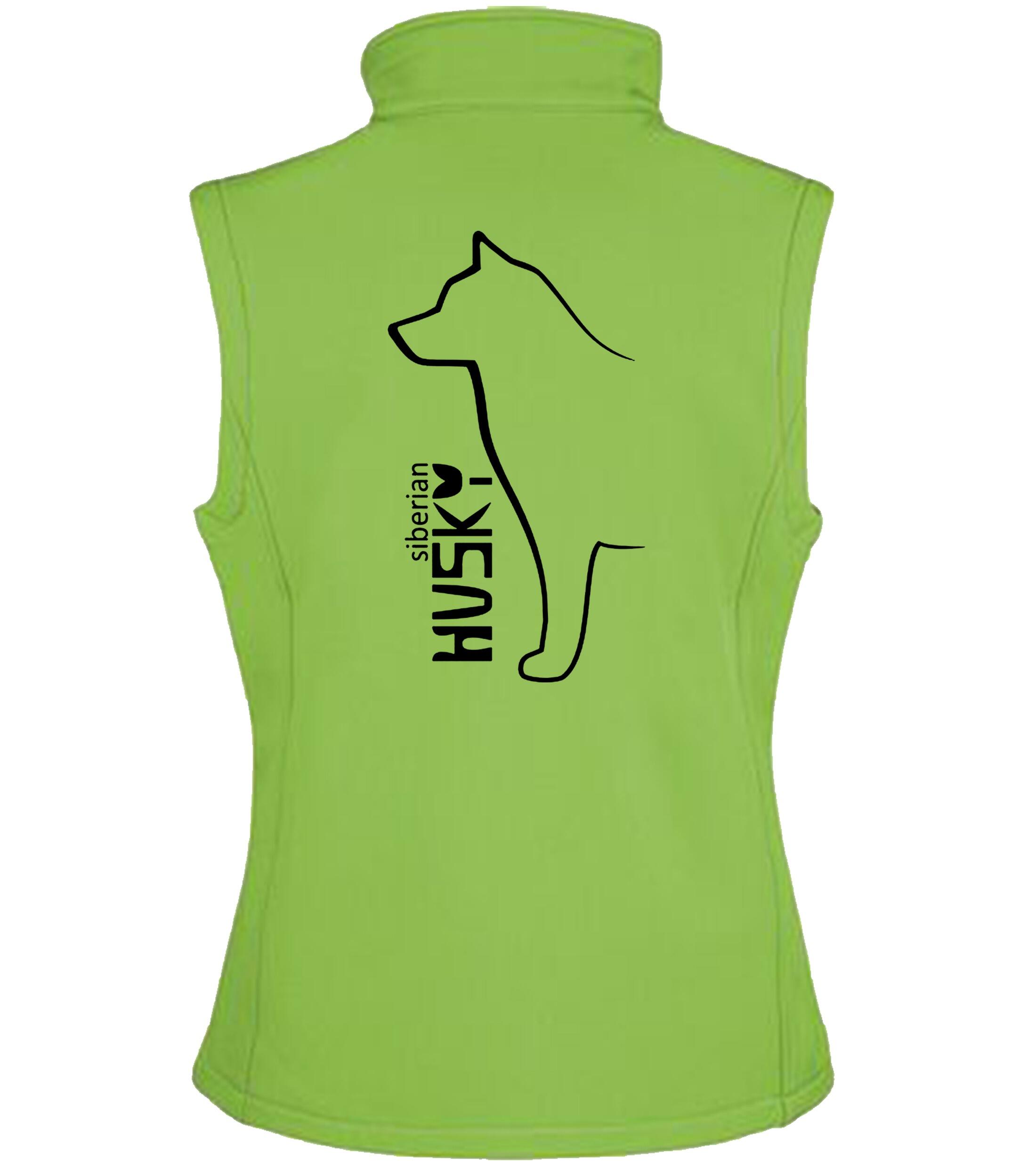 Unisex softshell gilet featuring exclusive Siberian Husky design on the back; fleece-lined, water-resistant, and lightweight with full zip front and side pockets—ideal for dog walking and outdoor adventures.