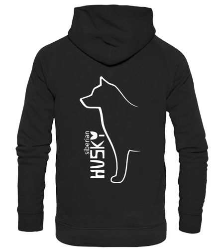 Unisex pullover hoodie featuring a detailed Siberian Husky design on the back with paw prints on the front, brushed fleece interior, double-fabric hood, and kangaroo pocket – ideal for dog walks, events, or lounging in style.