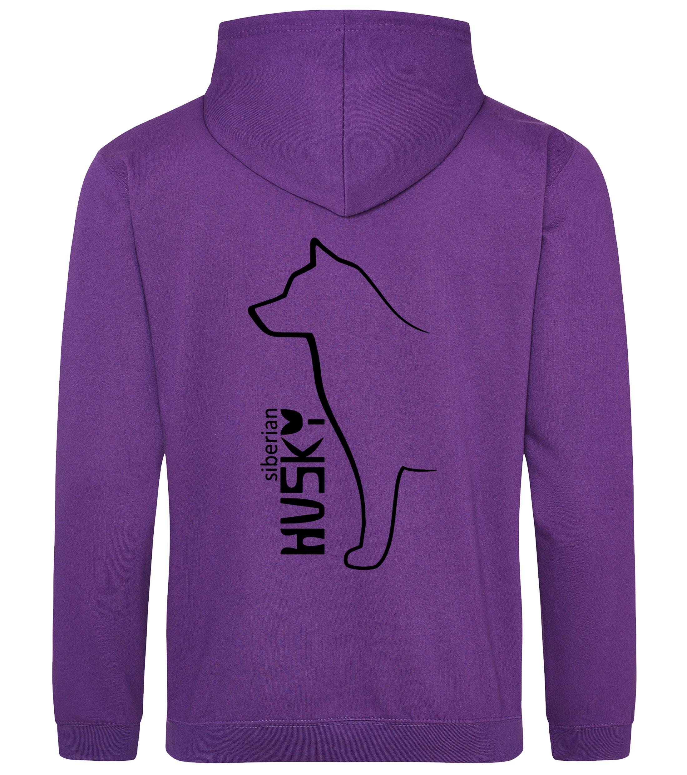 Unisex pullover hoodie featuring a detailed Siberian Husky design on the back with paw prints on the front, brushed fleece interior, double-fabric hood, and kangaroo pocket – ideal for dog walks, events, or lounging in style.