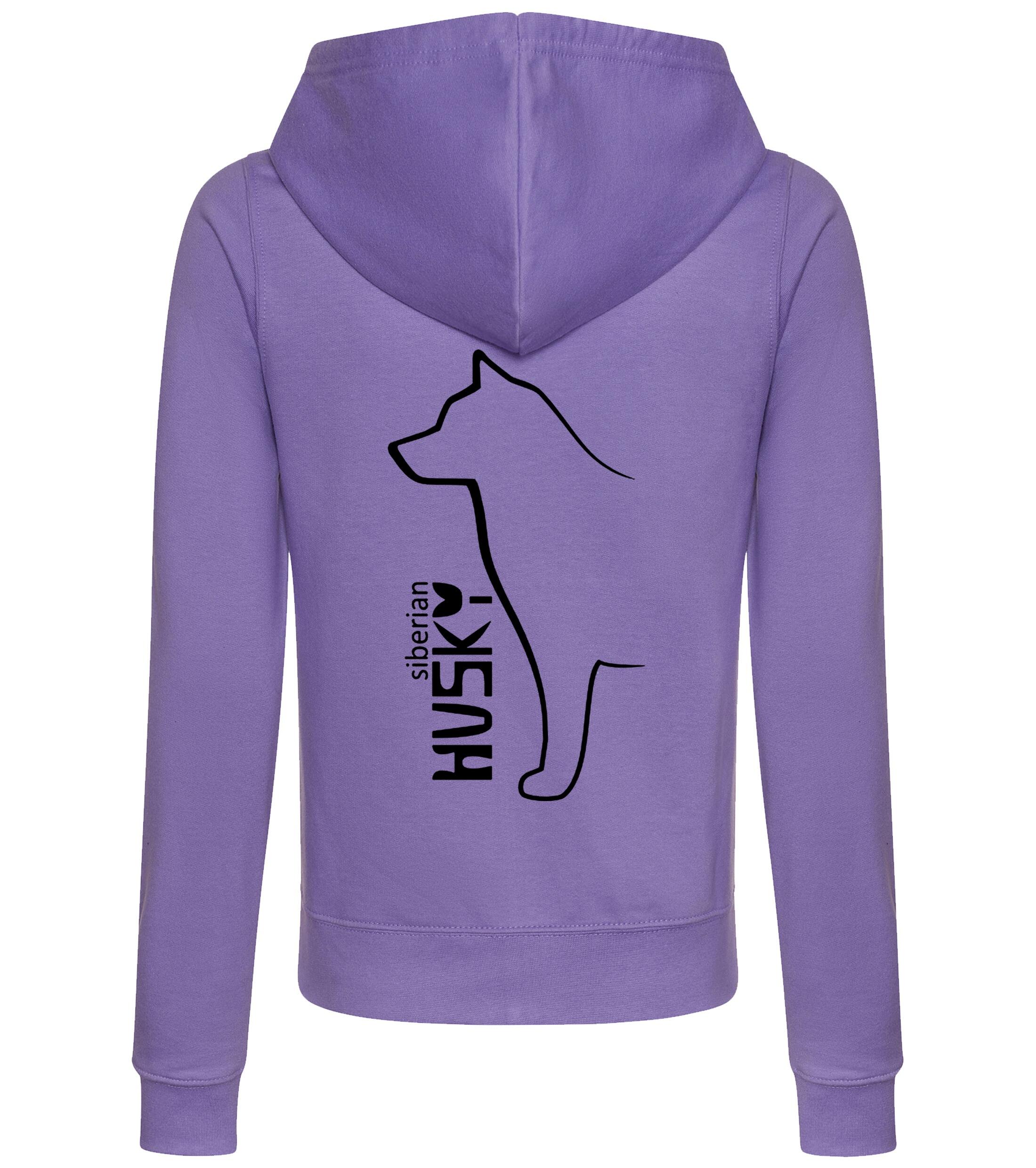 Women’s zipped hoodie featuring exclusive Siberian Husky artwork on the back, soft breathable fabric, a feminine fit, practical front pockets, and a snug hood—ideal for daily wear, dog shows, or relaxing with your Husky.