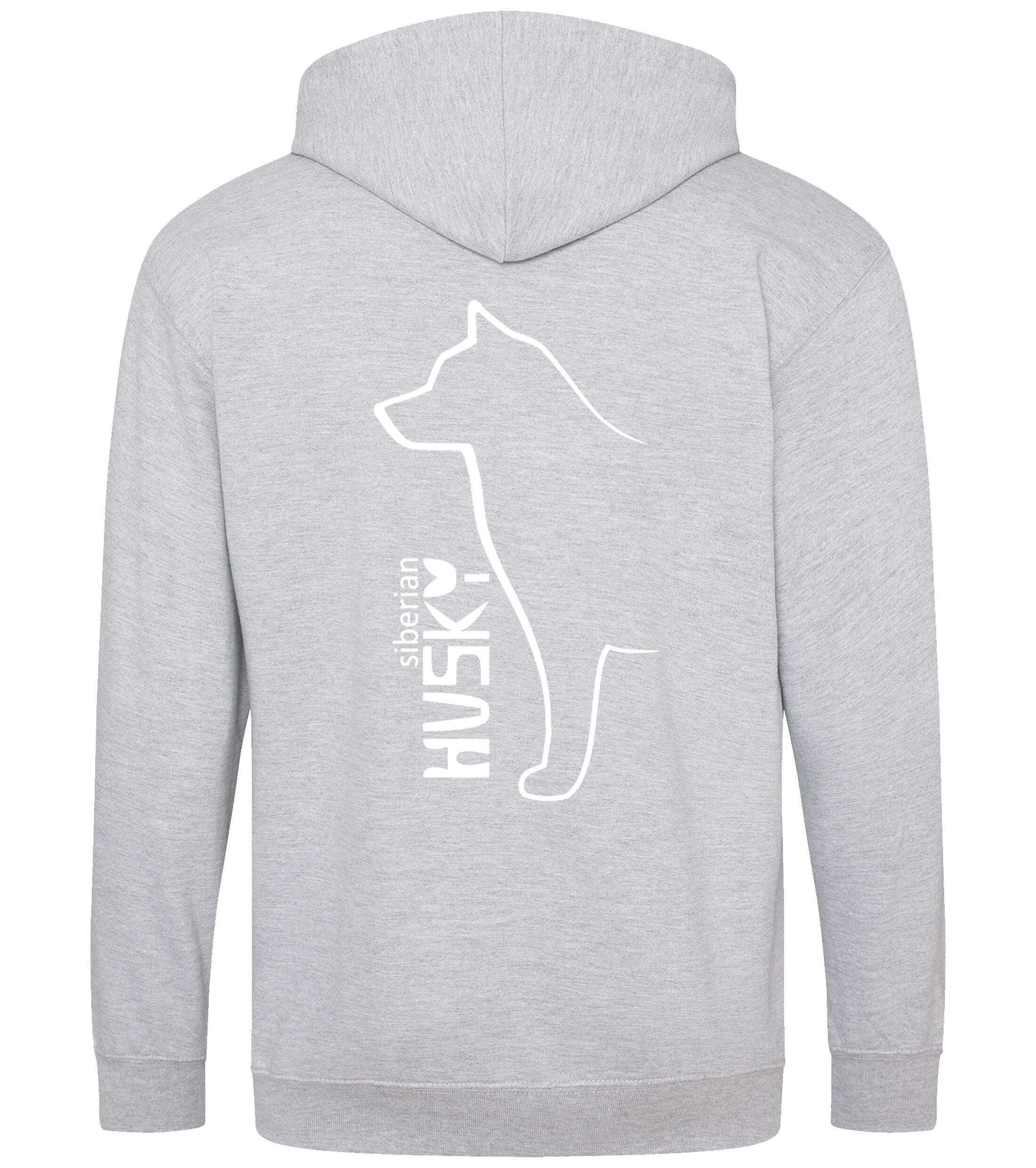 Unisex zipped hoodie featuring exclusive Siberian Husky artwork on the back and paw prints on the front, with a full-zip front, double-fabric hood, and cozy brushed fleece lining—ideal for Husky lovers seeking warmth and style.