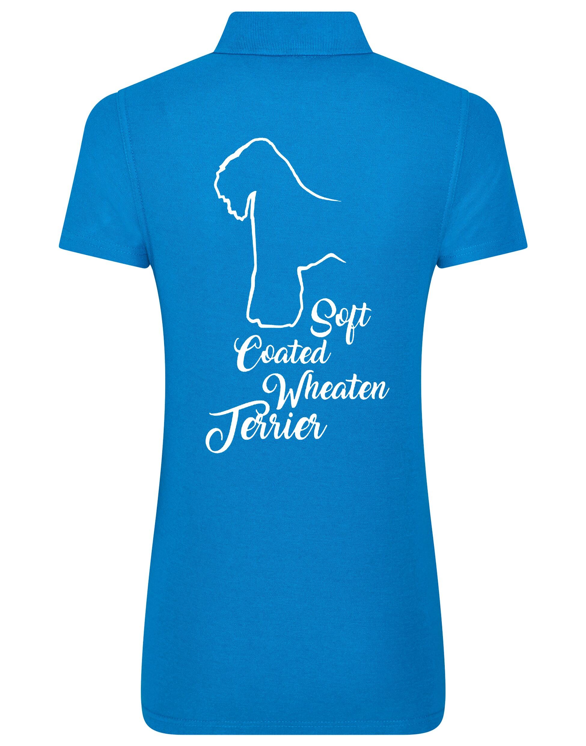 Women’s cotton polo shirt with Soft Coated Wheaten Terrier artwork on the back, breathable and flattering feminine fit