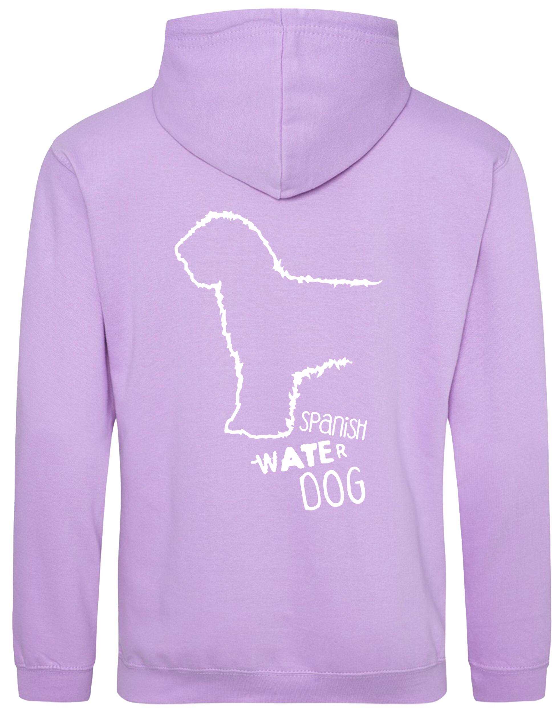 Pullover hoodie featuring Spanish Water Dog artwork on the back and paw prints on the front. Heavy-blend fabric with a brushed fleece interior, double-fabric hood, kangaroo pocket, and ribbed cuffs—ideal for cold weather, breed events, and casual comfort.