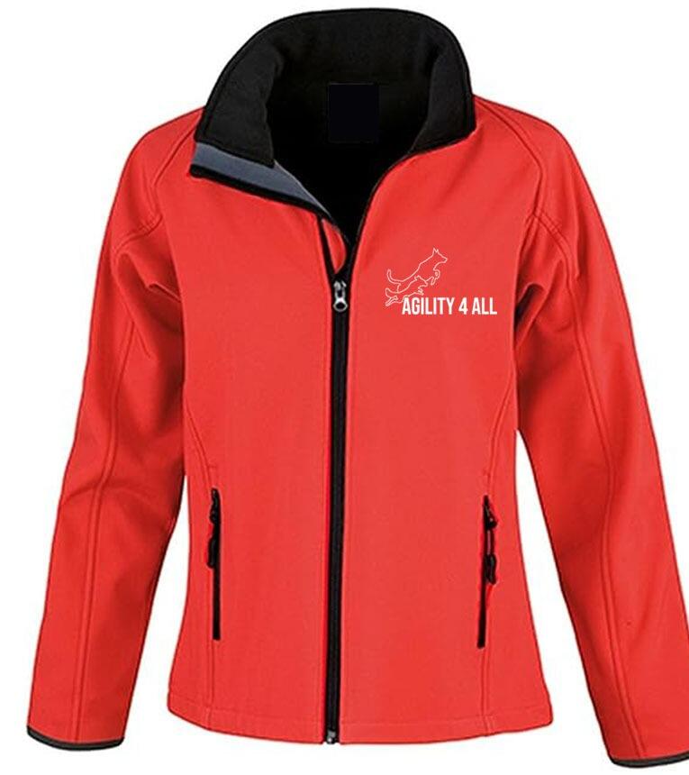 Agility 4 All Official Clothing - Red/Black Female Softshell Jacket Front Image - White Printed Logo