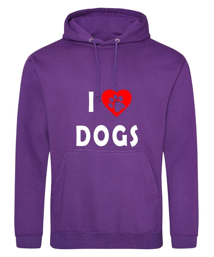 I Heart Dogs Design on a Purple Pullover Hoodie White Print