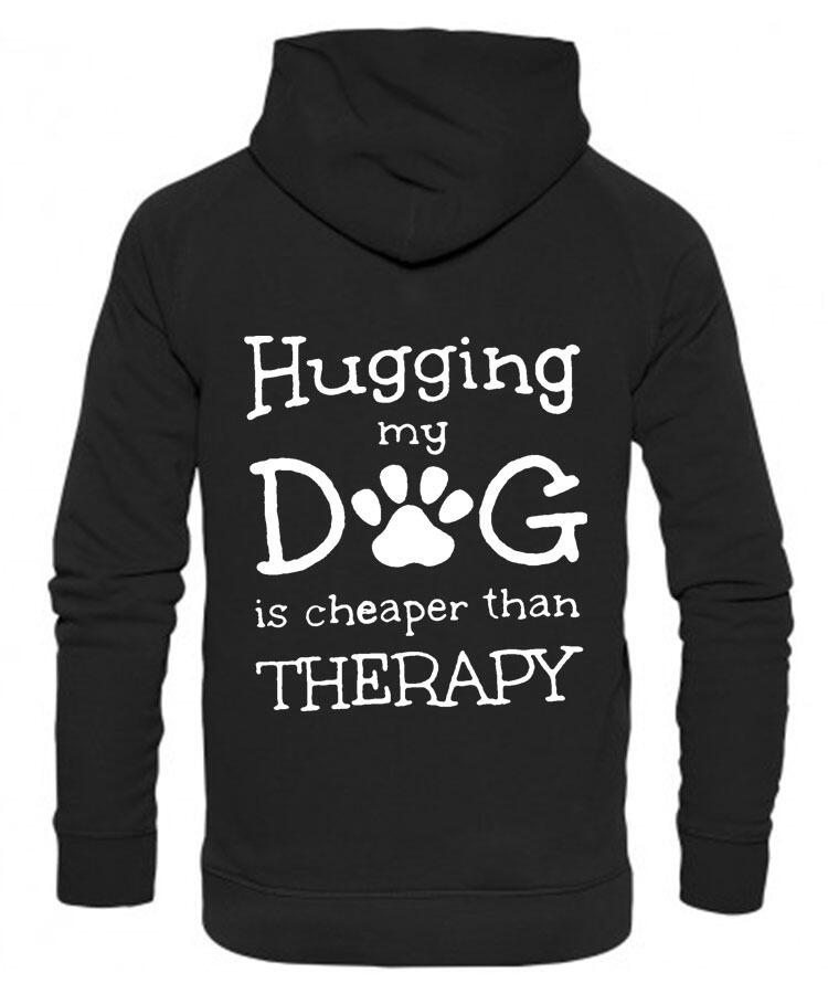 Hugging my Dog Design on a Black Pullover Hoodie White Print