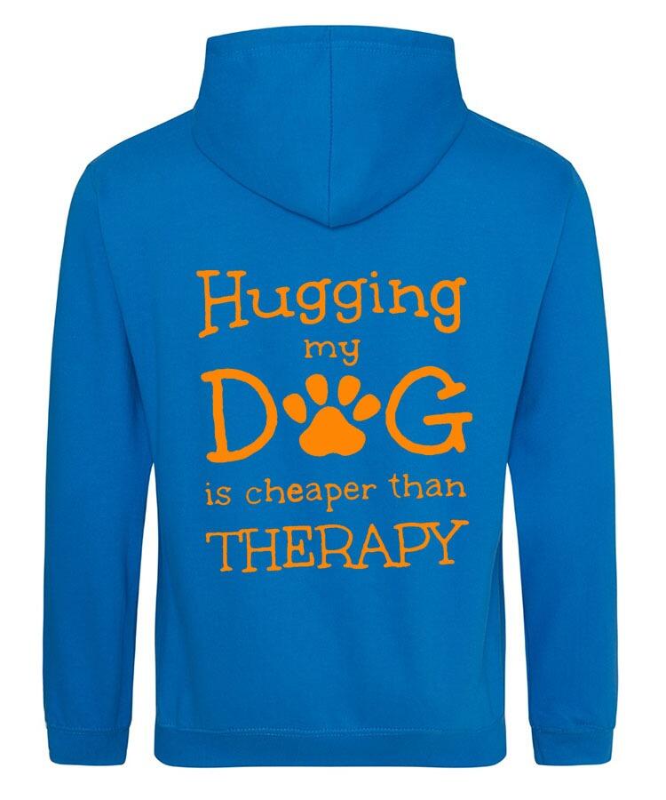 Hugging my Dog Design on a Sapphire Blue Pullover Hoodie Orange Print