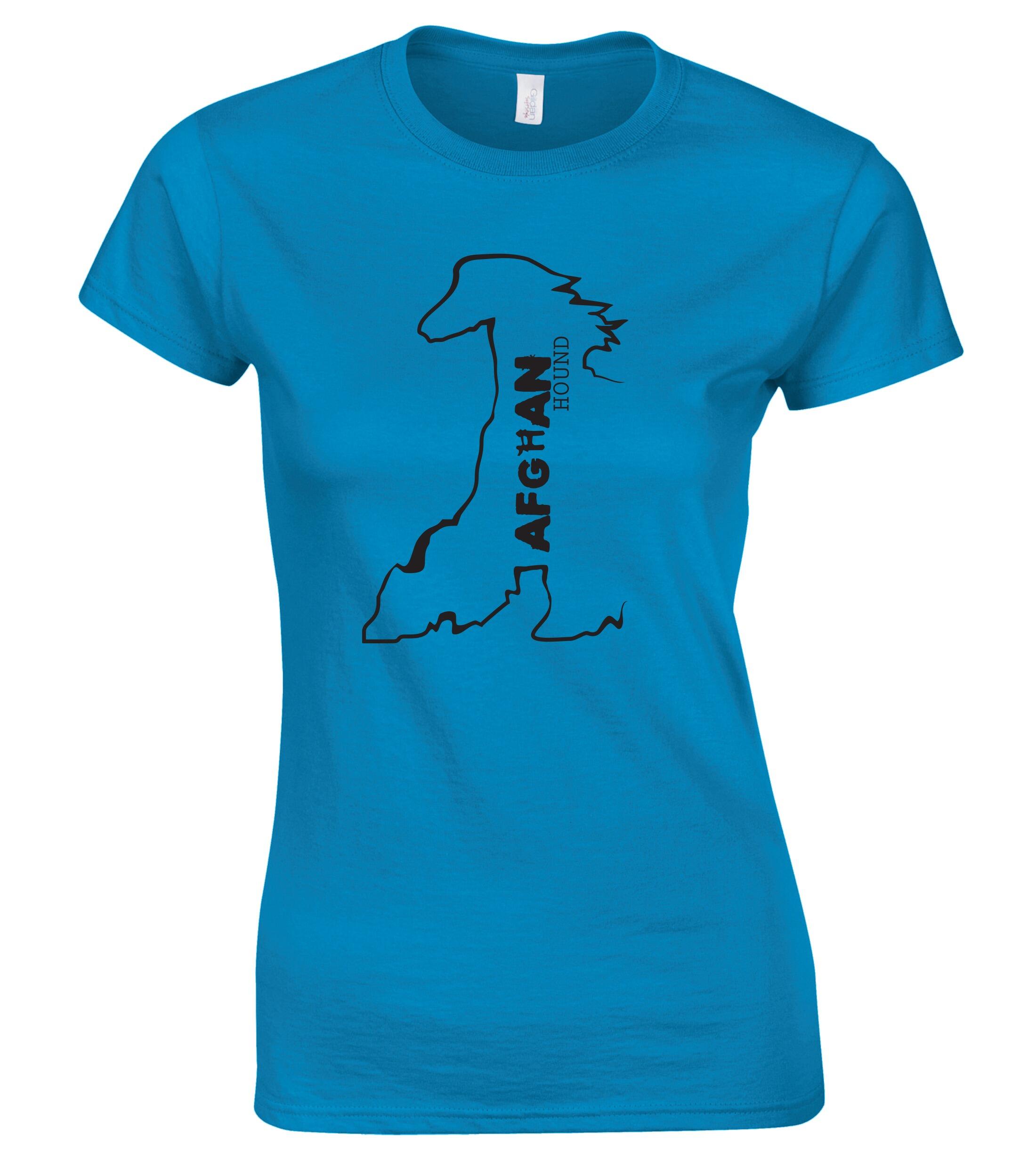 Female Afghan Hound Roundneck T-Shirt Sapphire Blue (Black)