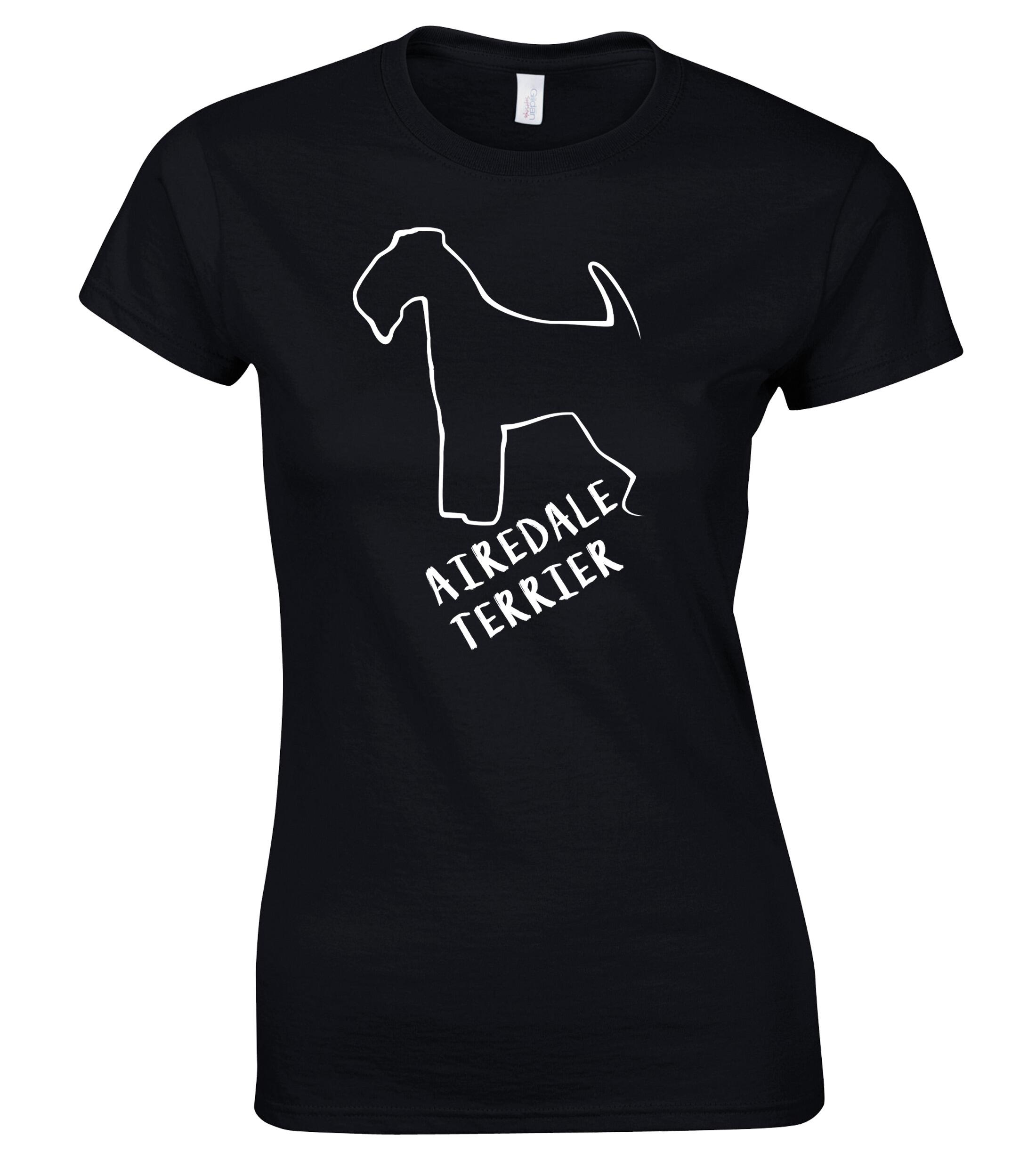 Female Airedale Terrier Hound Roundneck T-Shirt Black (White)