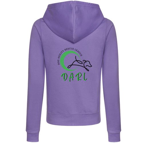 DARL Official Lavender Female Zipped Hoodie with logo, designed for comfort and style while supporting the Dog Agility Rescue League. Perfect for women who love fashion with a purpose.
