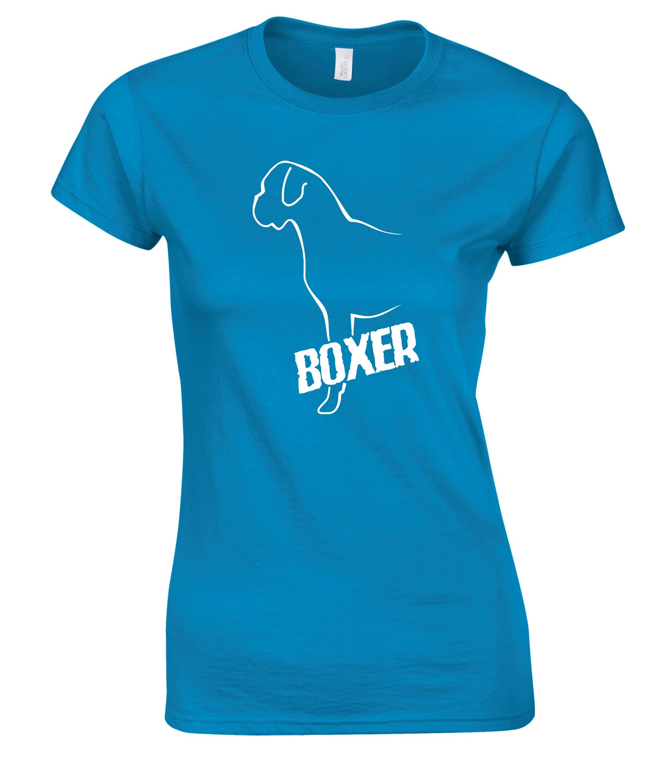 Female Boxer Ear Drop Roundneck T-Shirt Sapphire Blue (White)