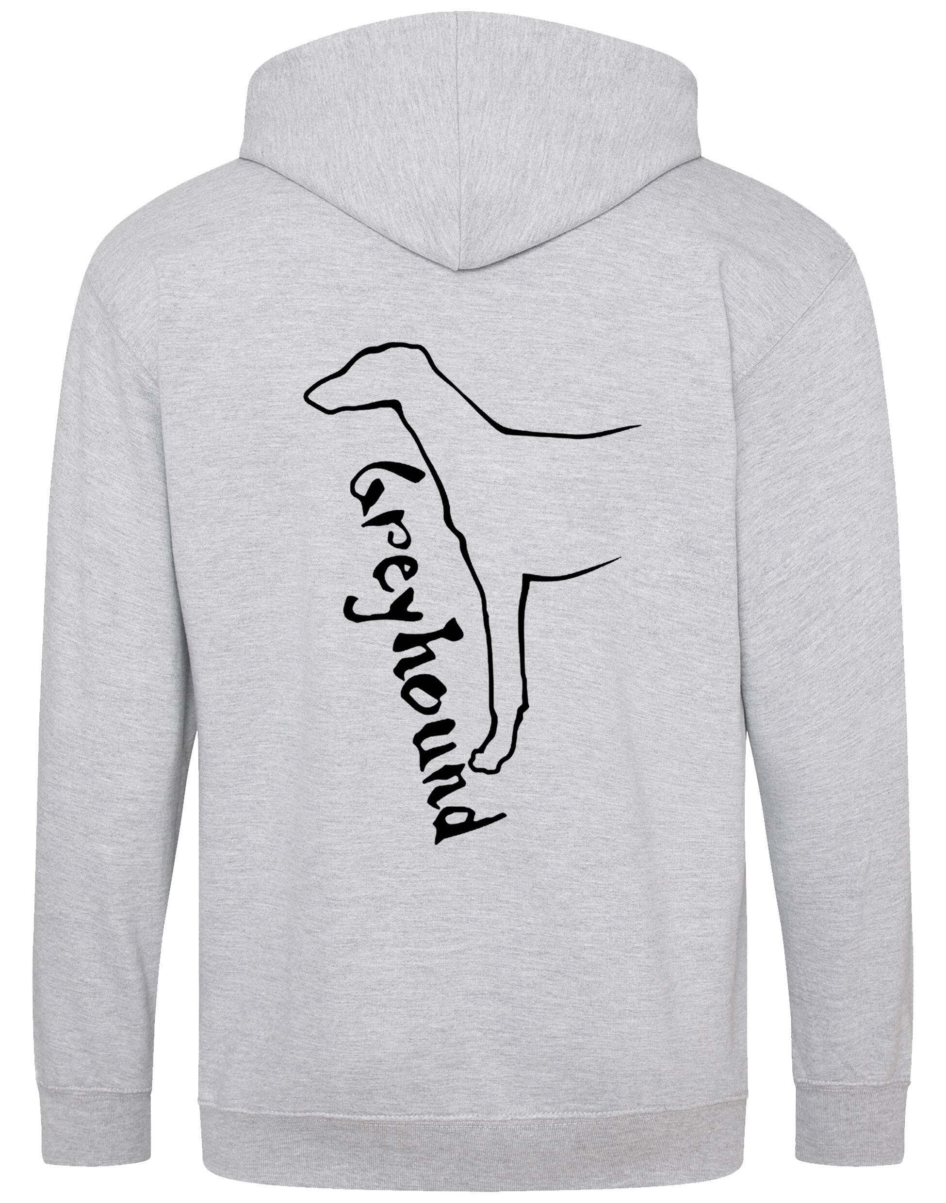 Greyhound zipped hoodie featuring exclusive breed design, cozy brushed fleece interior, full-zip closure, and personalization options, ideal for dog lovers.