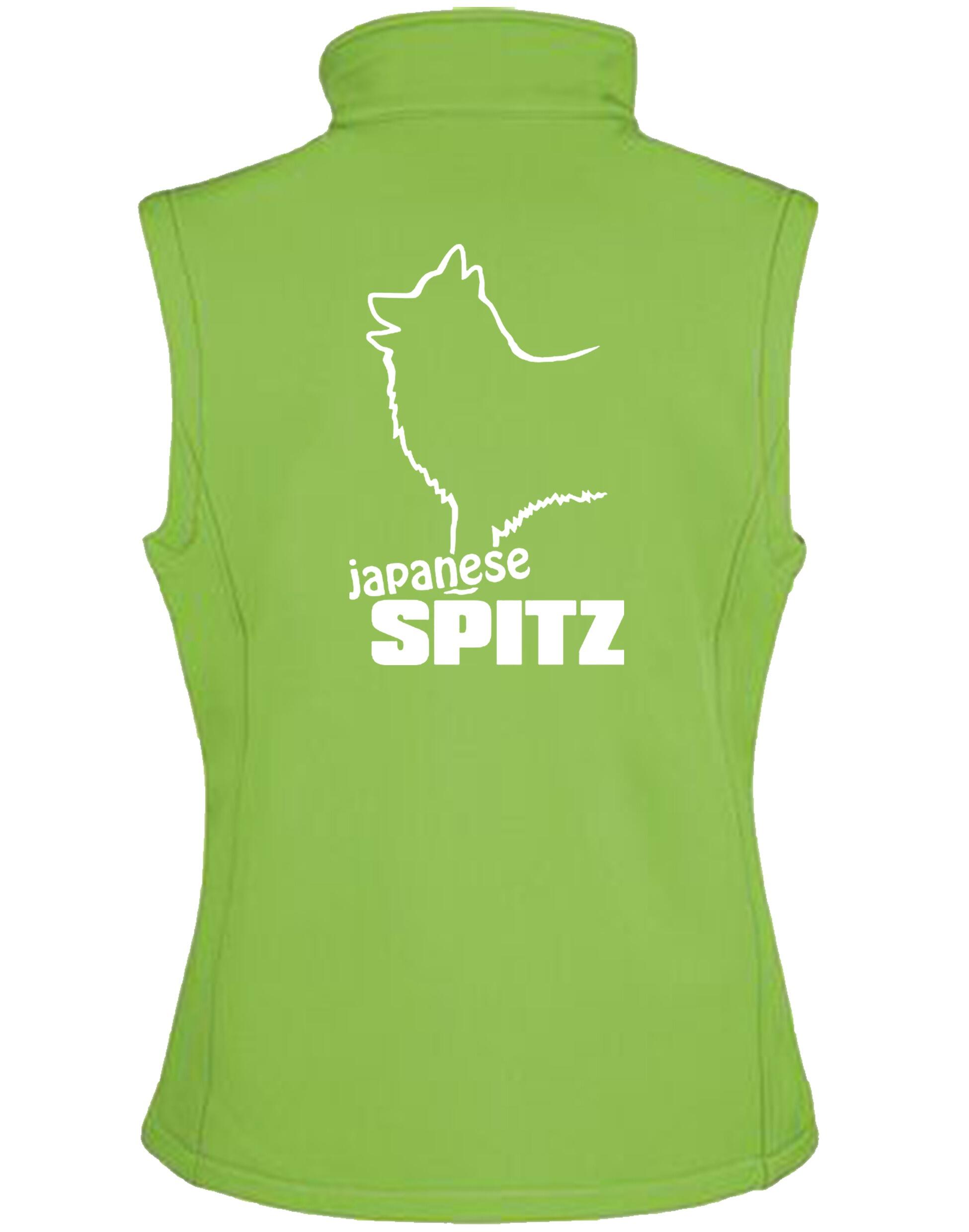 Women’s Softshell Gilet featuring detailed Japanese Spitz artwork, lightweight water-resistant fabric, and customizable personalization options.