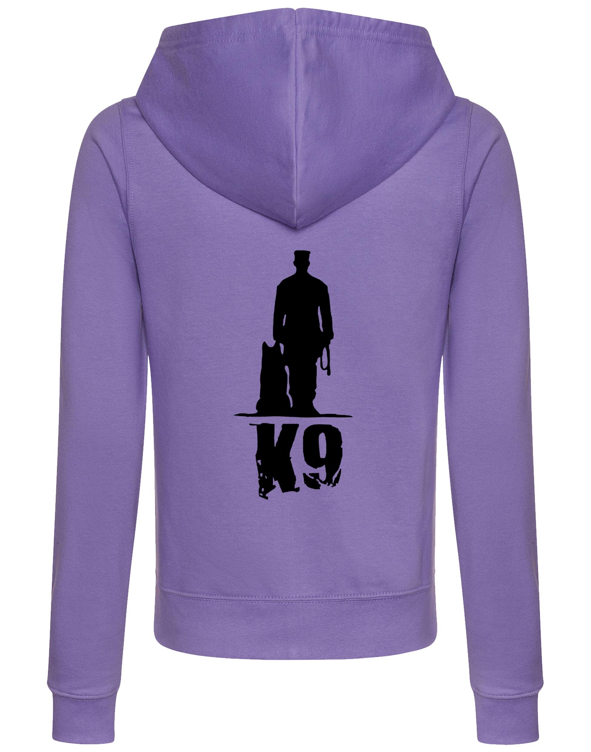 K9 women’s zipped hoodie featuring exclusive artwork, a full-zip closure, and practical pockets, designed for style and comfort in any activity.