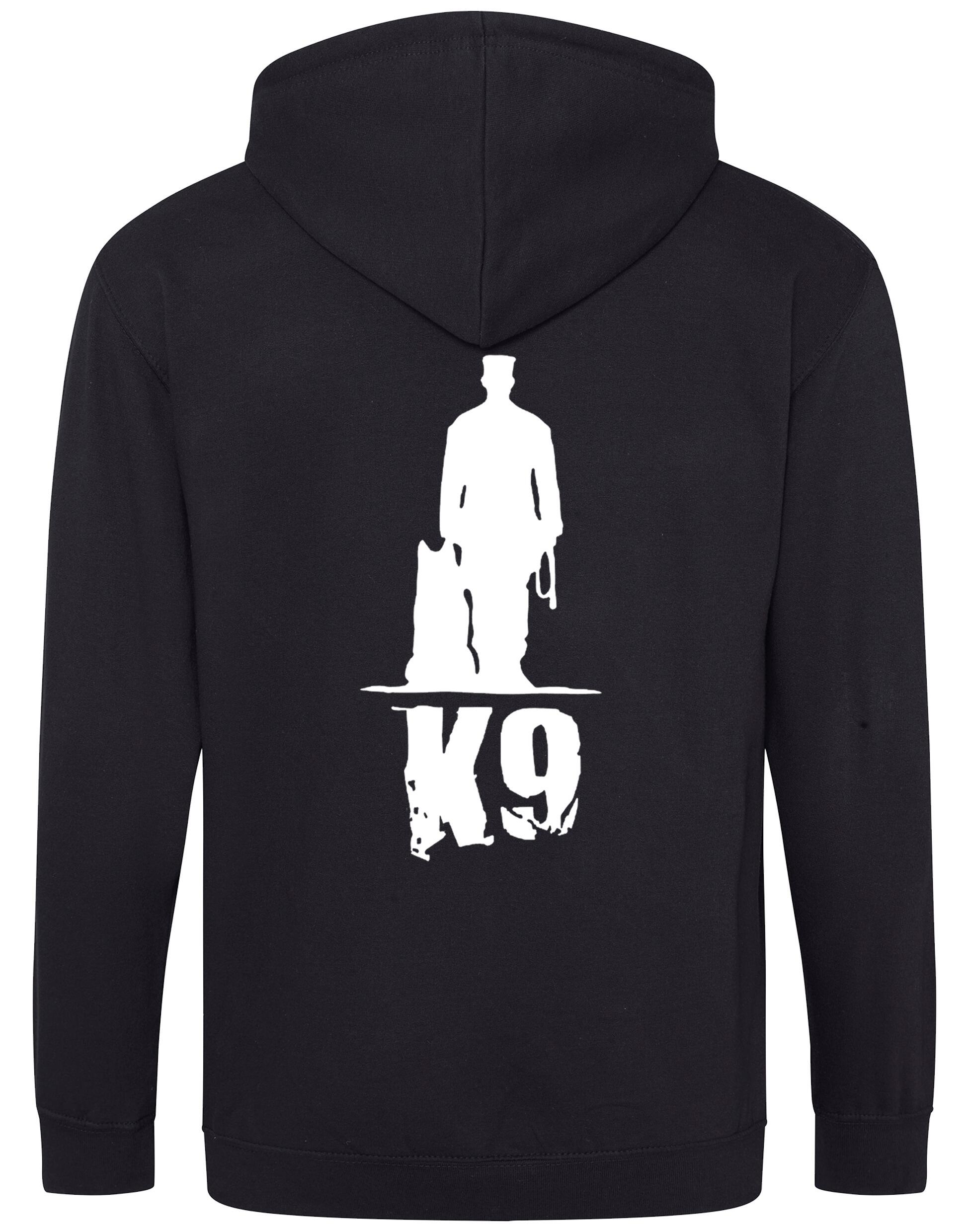 K9 zipped hoodie with exclusive artwork, full-zip closure, double-fabric hood, and spacious pockets, offering warmth, style, and comfort for dog enthusiasts.