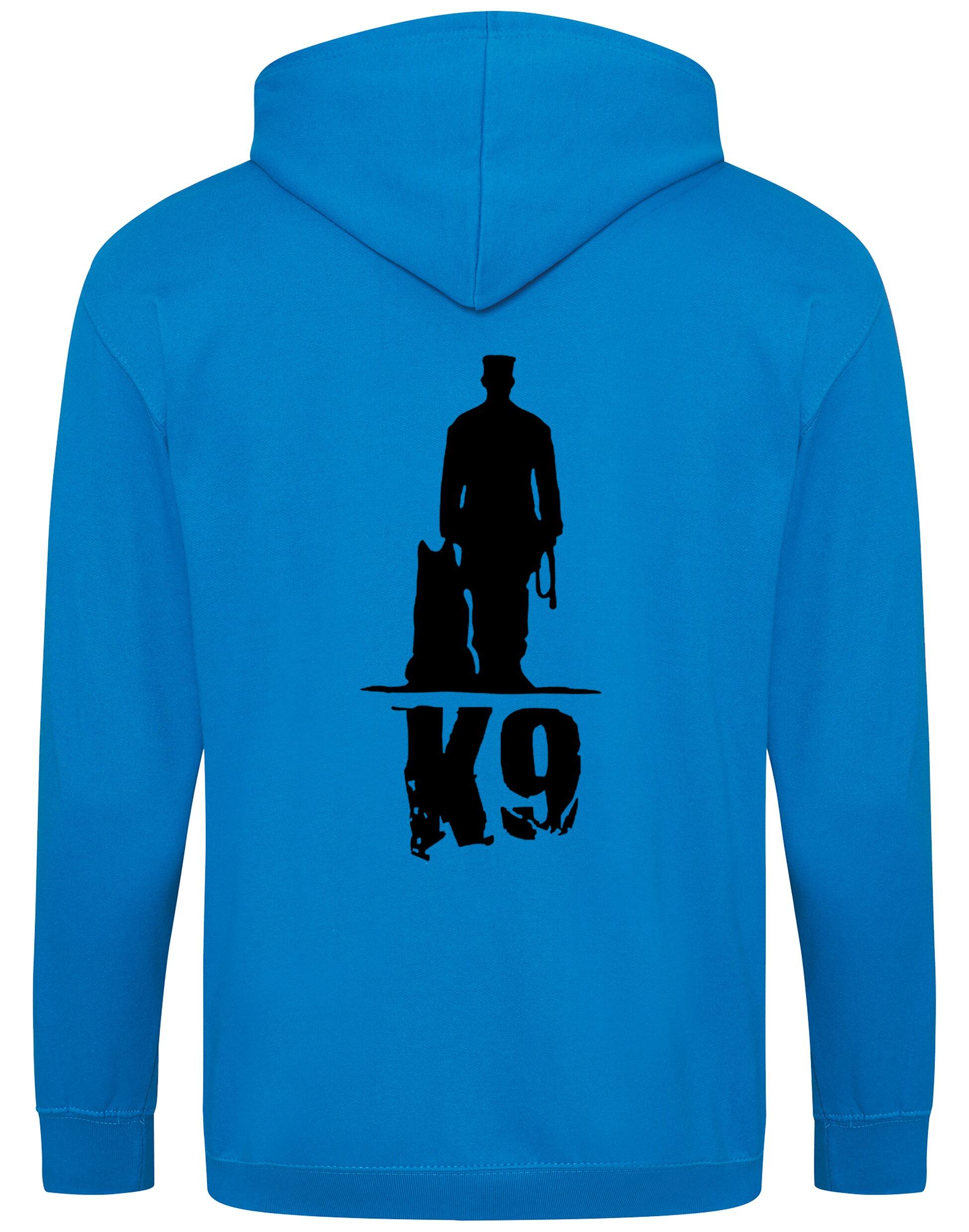 K9 zipped hoodie with exclusive artwork, full-zip closure, double-fabric hood, and spacious pockets, offering warmth, style, and comfort for dog enthusiasts.