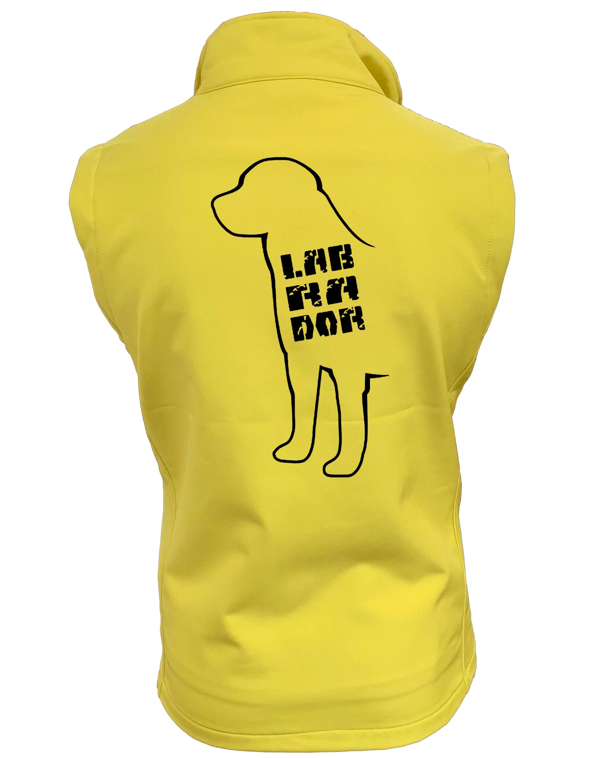 Women’s Softshell Gilet with an exclusive Labrador design on the back, made from water-resistant fabric and featuring personalization options.