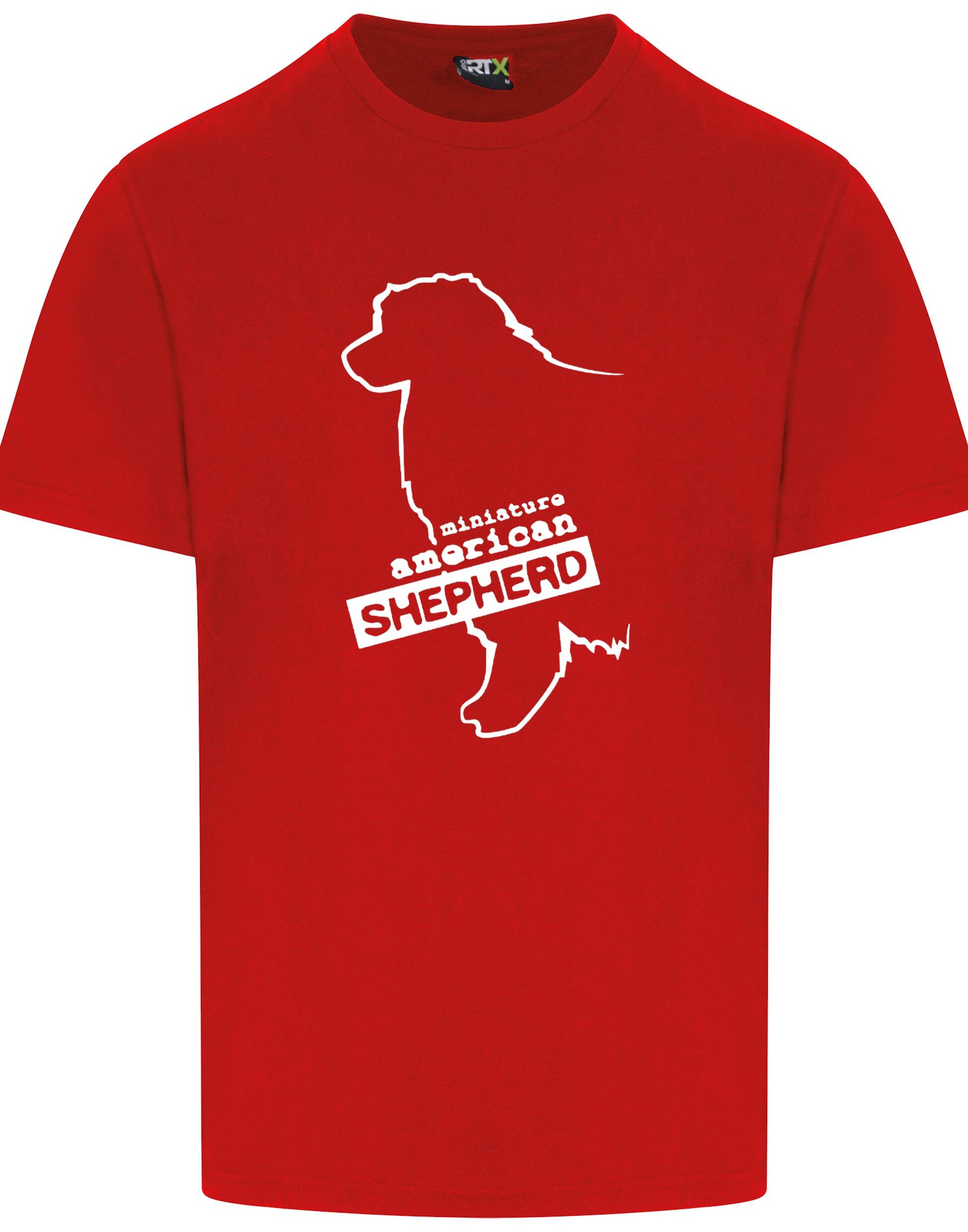 Miniature American Shepherd Roundneck T-shirt featuring exclusive breed artwork, soft cotton fabric, and a relaxed unisex fit.