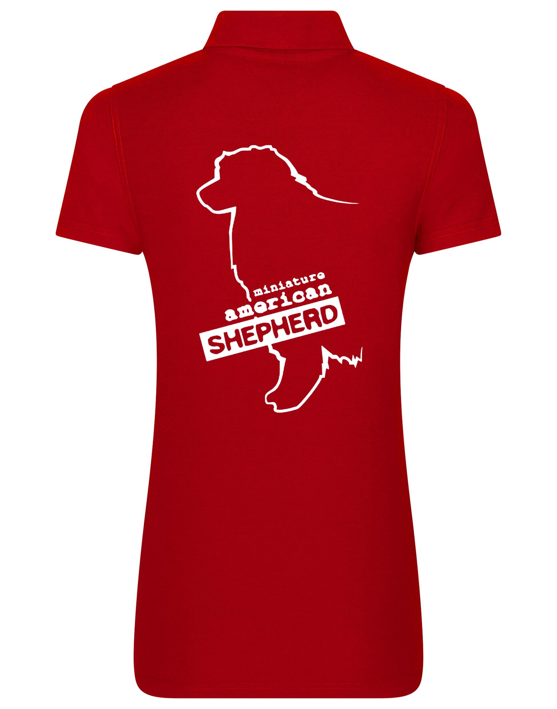 Miniature American Shepherd Women’s Cotton Polo featuring exclusive breed artwork, soft breathable fabric, and a flattering feminine fit.