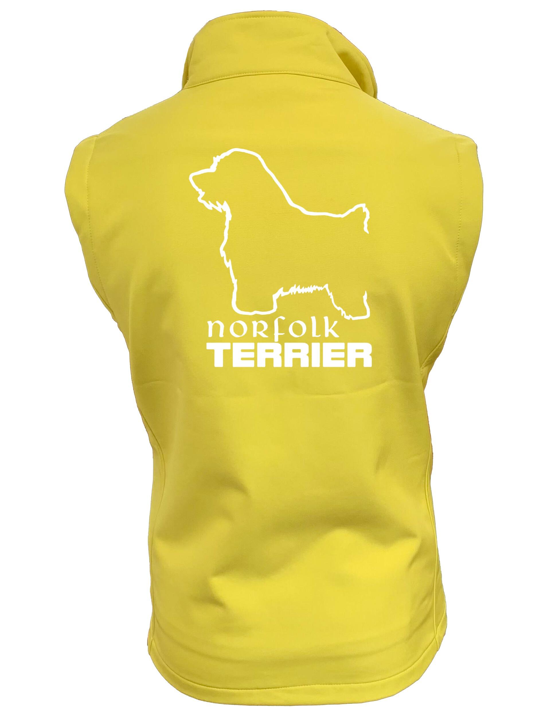 Women’s Softshell Gilet featuring exclusive Norfolk Terrier breed artwork, crafted from water-resistant fabric with fleece lining for warmth. Perfect for dog shows, outdoor adventures, and everyday wear.