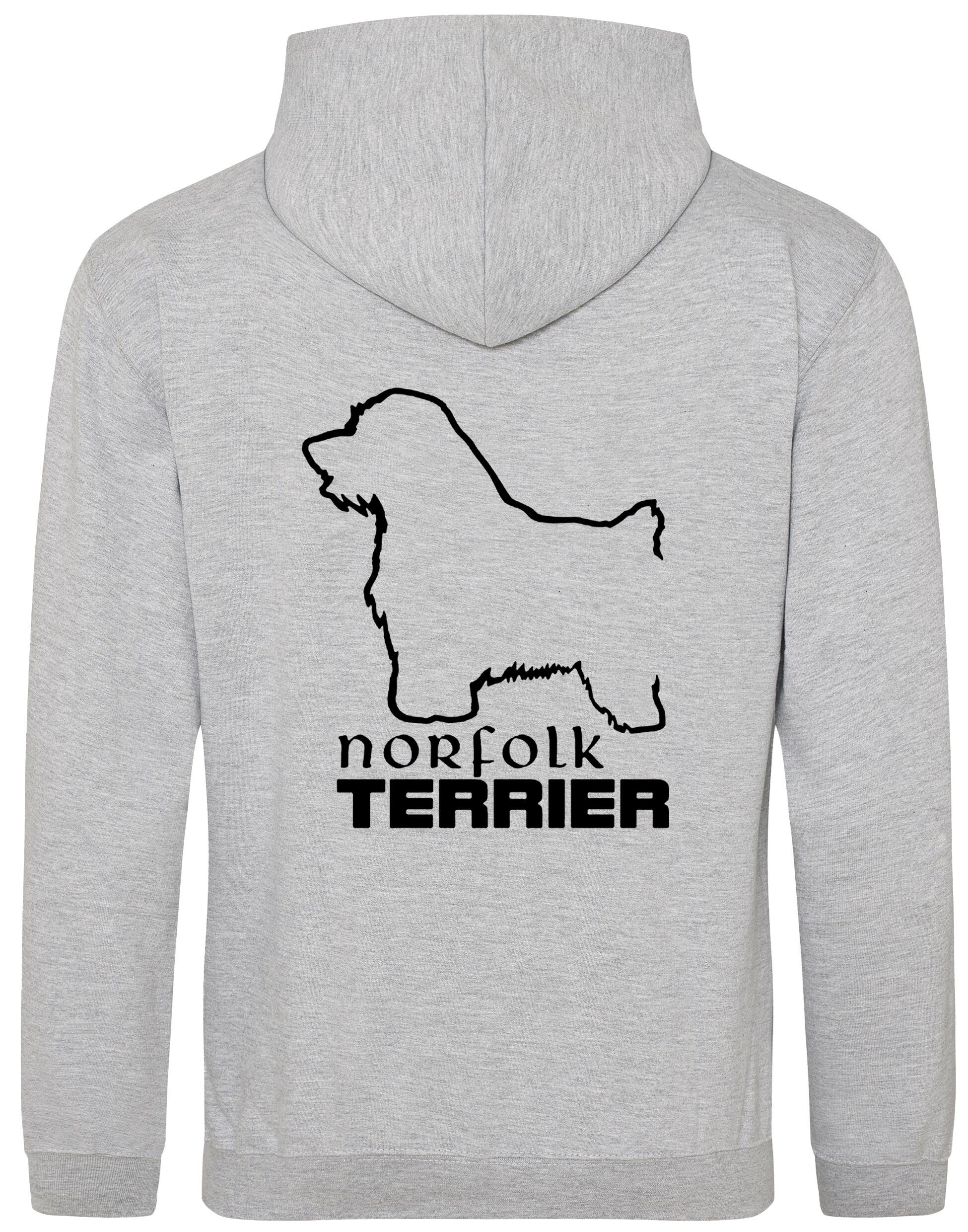 Norfolk Terrier Pullover Hoodie featuring exclusive breed artwork on the back, heavy-blend fabric with brushed fleece interior, and kangaroo pocket for warmth and comfort. A stylish and practical choice for Norfolk Terrier lovers.