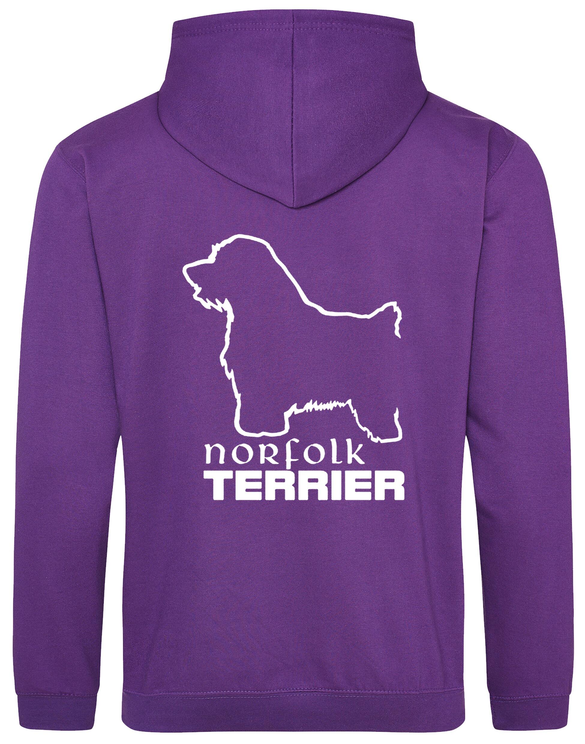 Norfolk Terrier Pullover Hoodie featuring exclusive breed artwork on the back, heavy-blend fabric with brushed fleece interior, and kangaroo pocket for warmth and comfort. A stylish and practical choice for Norfolk Terrier lovers.
