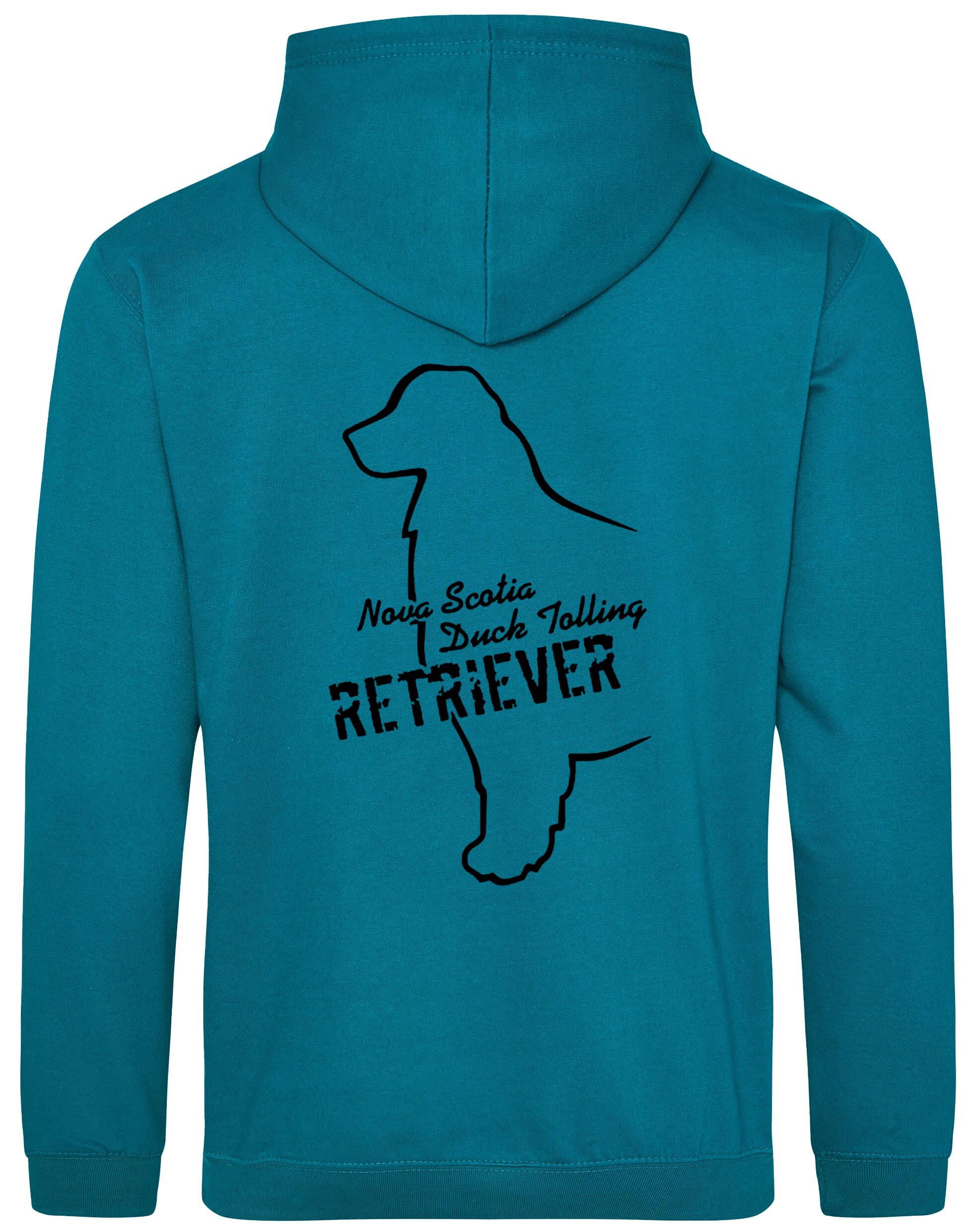 Soft fleece-lined Nova Scotia Duck Tolling Retriever pullover hoodie featuring a detailed breed design on the back. Includes a kangaroo pouch pocket, ribbed cuffs, and a double-fabric hood. Perfect for breed enthusiasts, casual wear, and outdoor adventures.