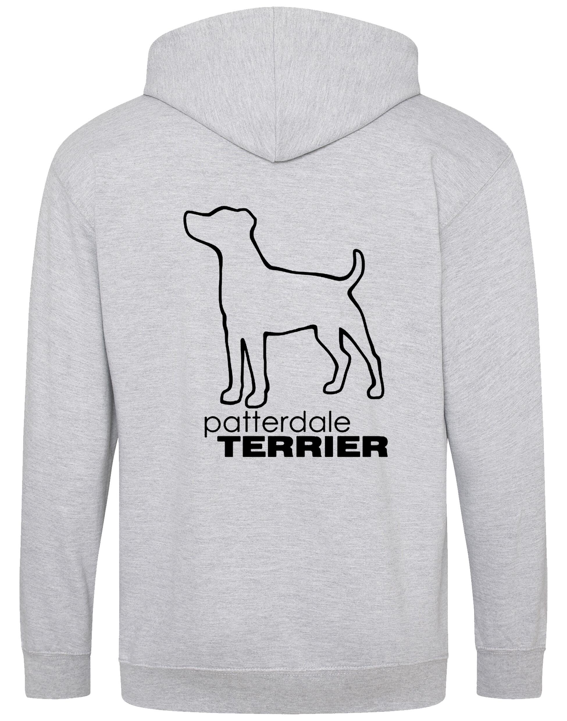 Patterdale Terrier Zipped Hoodie – high-quality, heavy-blend hoodie with an exclusive breed design, featuring a fleece-lined interior, front pockets, a full-zip closure, and a cozy double-fabric hood for ultimate comfort.