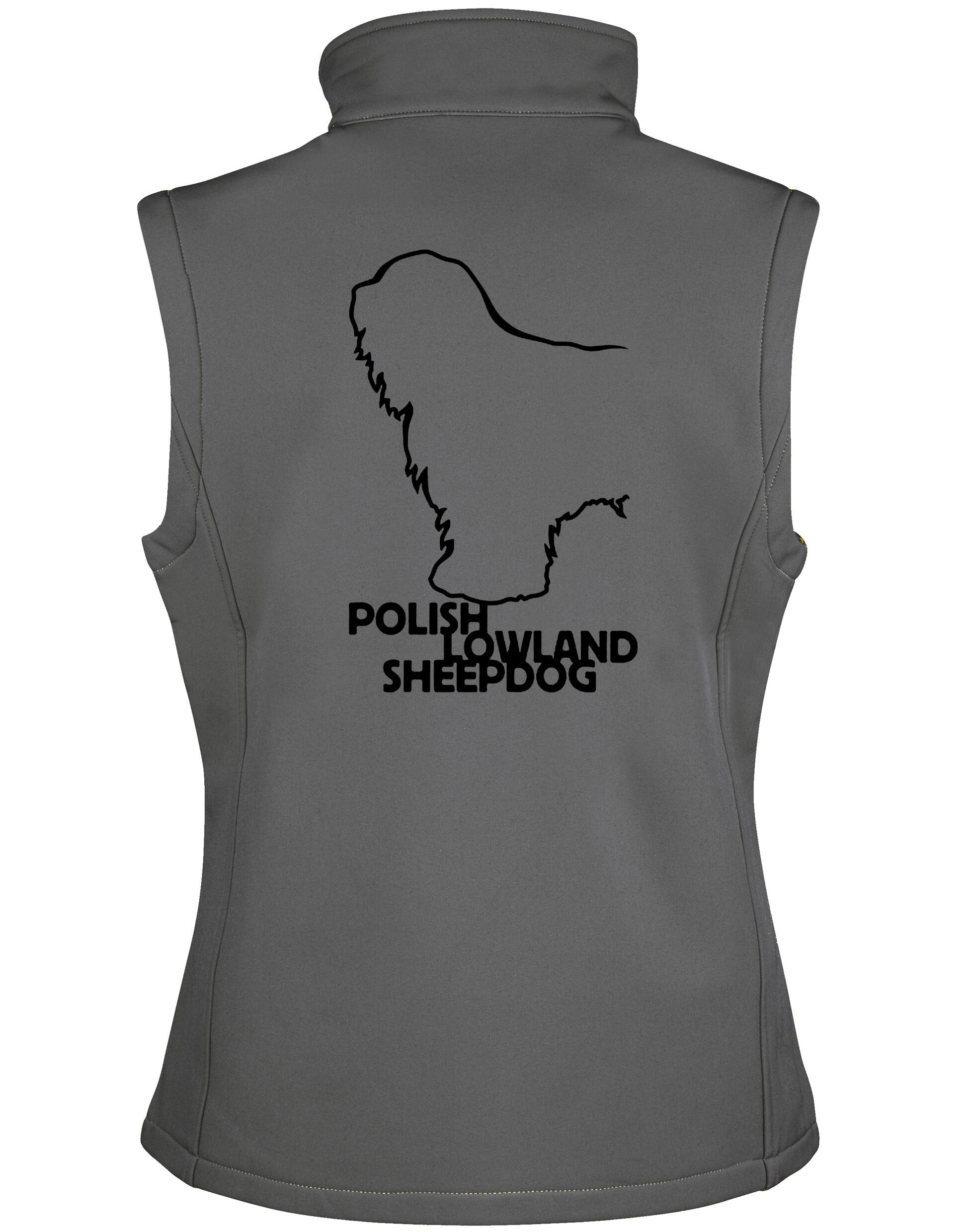 Polish Lowland Sheepdog Women’s Softshell Gilet featuring exclusive breed artwork, water-resistant fabric, and a lightweight, fleece-lined interior for stylish outdoor comfort.