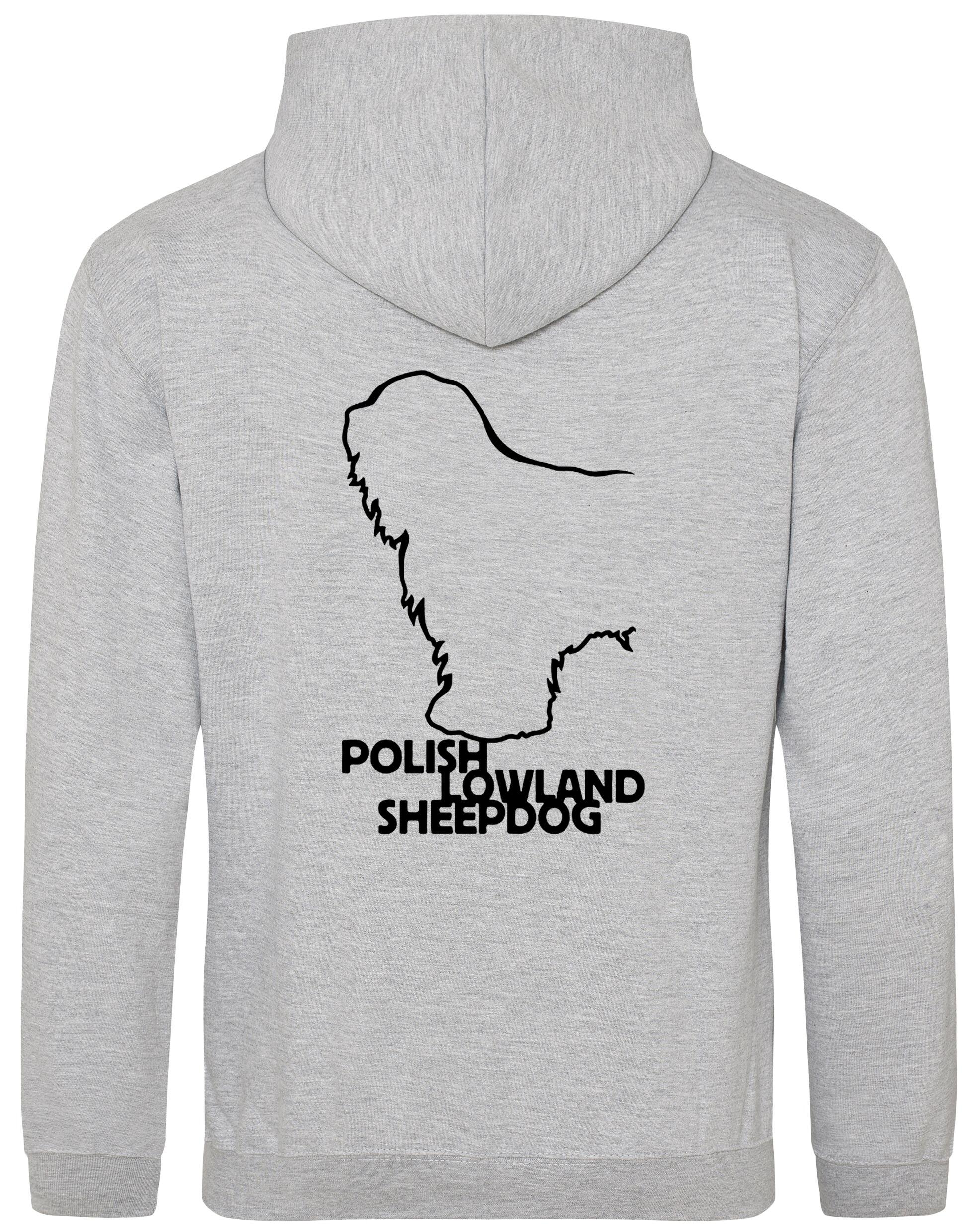 Polish Lowland Sheepdog Pullover Hoodie featuring exclusive breed artwork, heavy-blend fleece lining, kangaroo pocket, and a double-fabric hood for warmth and style.