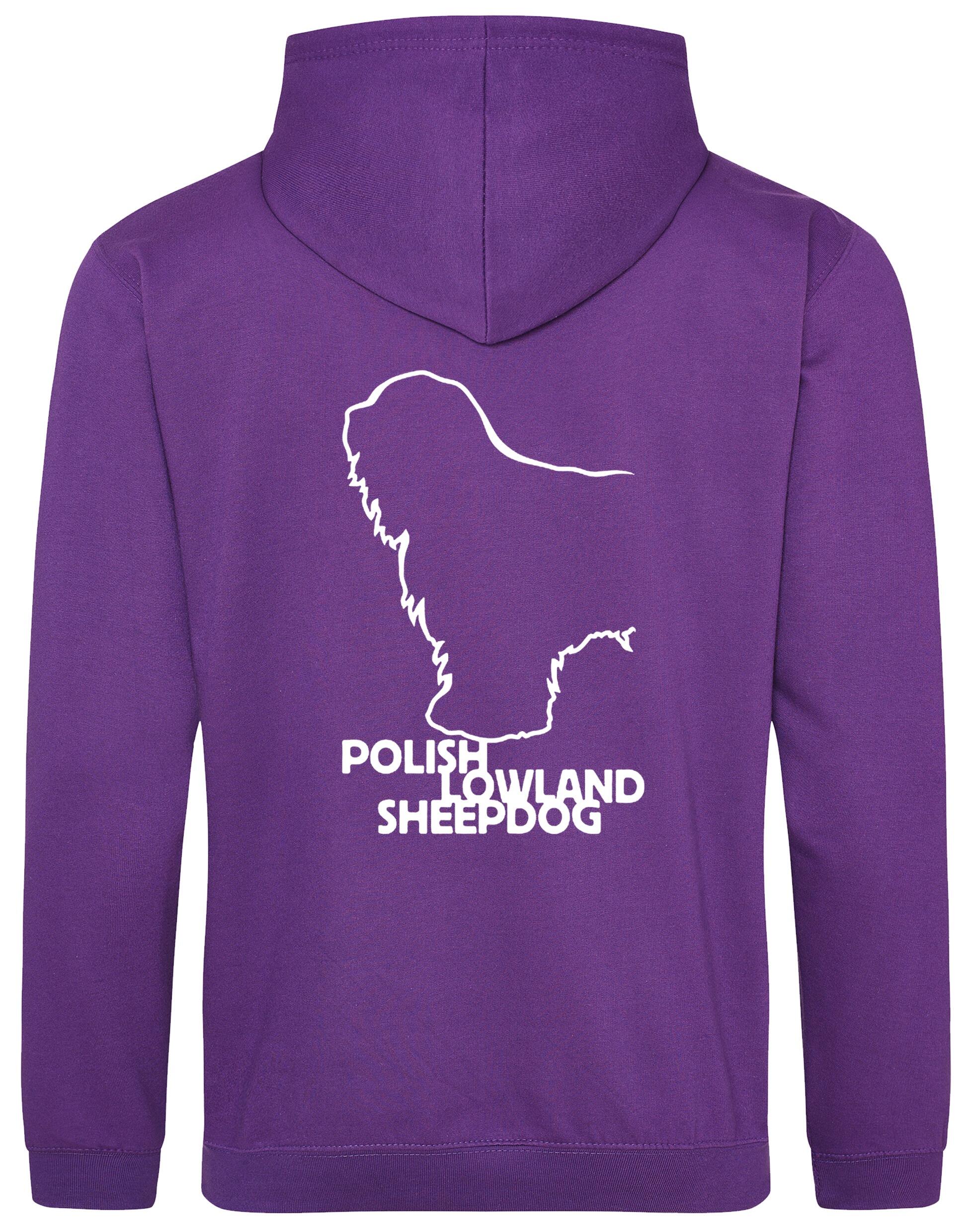 Polish Lowland Sheepdog Pullover Hoodie featuring exclusive breed artwork, heavy-blend fleece lining, kangaroo pocket, and a double-fabric hood for warmth and style.