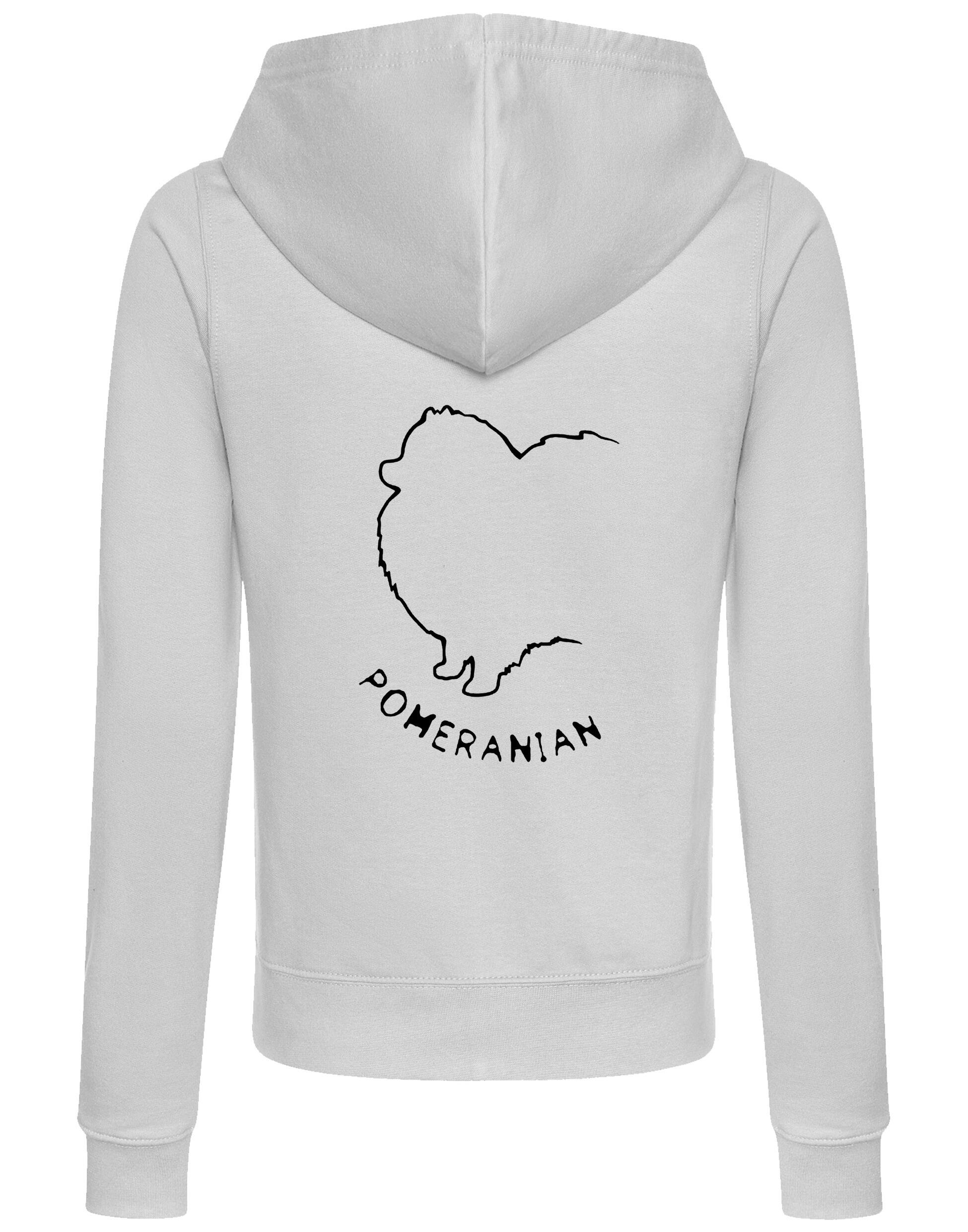 Pomeranian Women’s Zipped Hoodie featuring exclusive breed artwork, a cozy fleece-lined interior, and front pockets for warmth and functionality.