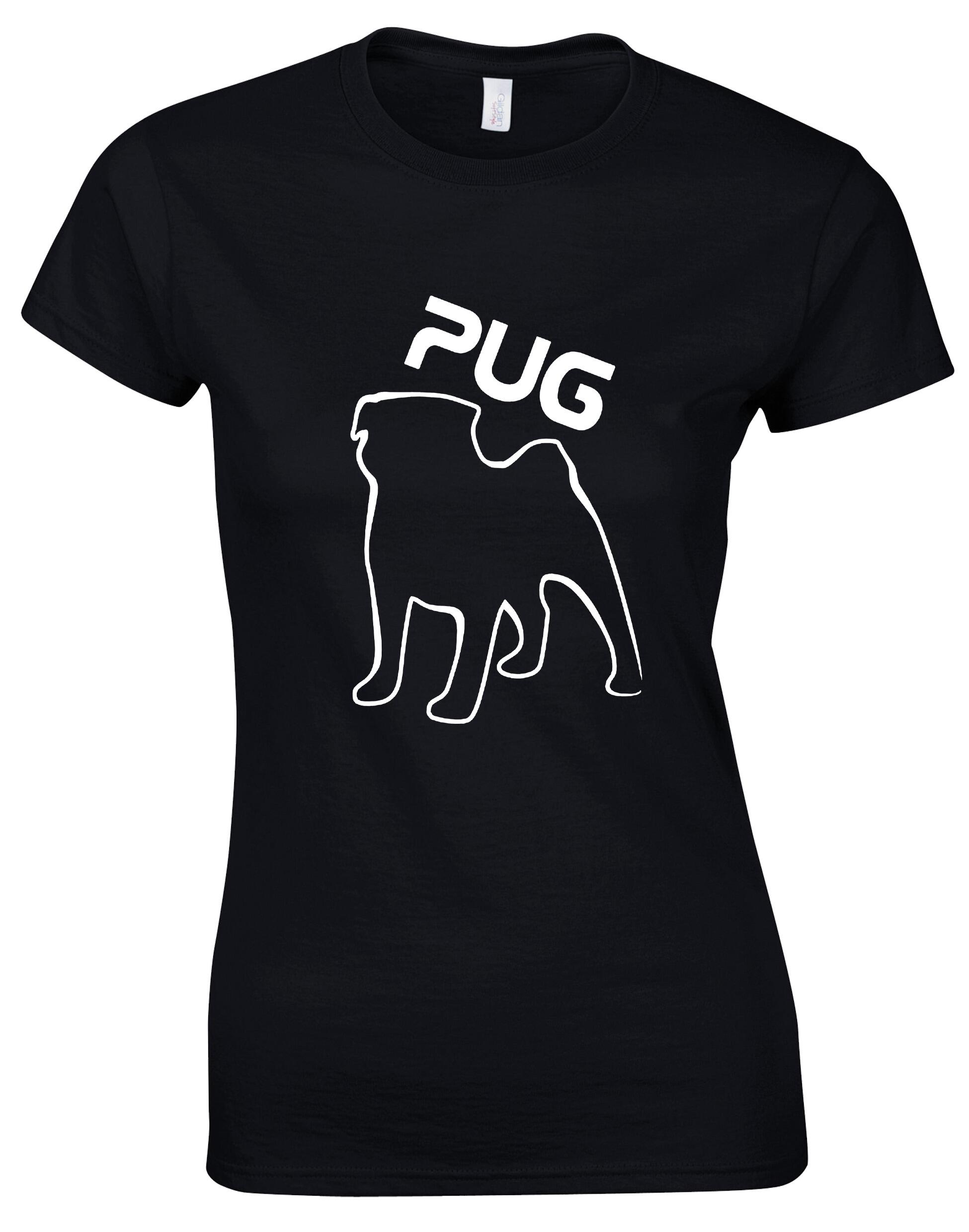 Female Roundneck T-shirt featuring an exclusive Pug (Outline) design, crafted from premium breathable cotton for lightweight, all-day comfort and a flattering feminine fit, perfect for Pug enthusiasts.