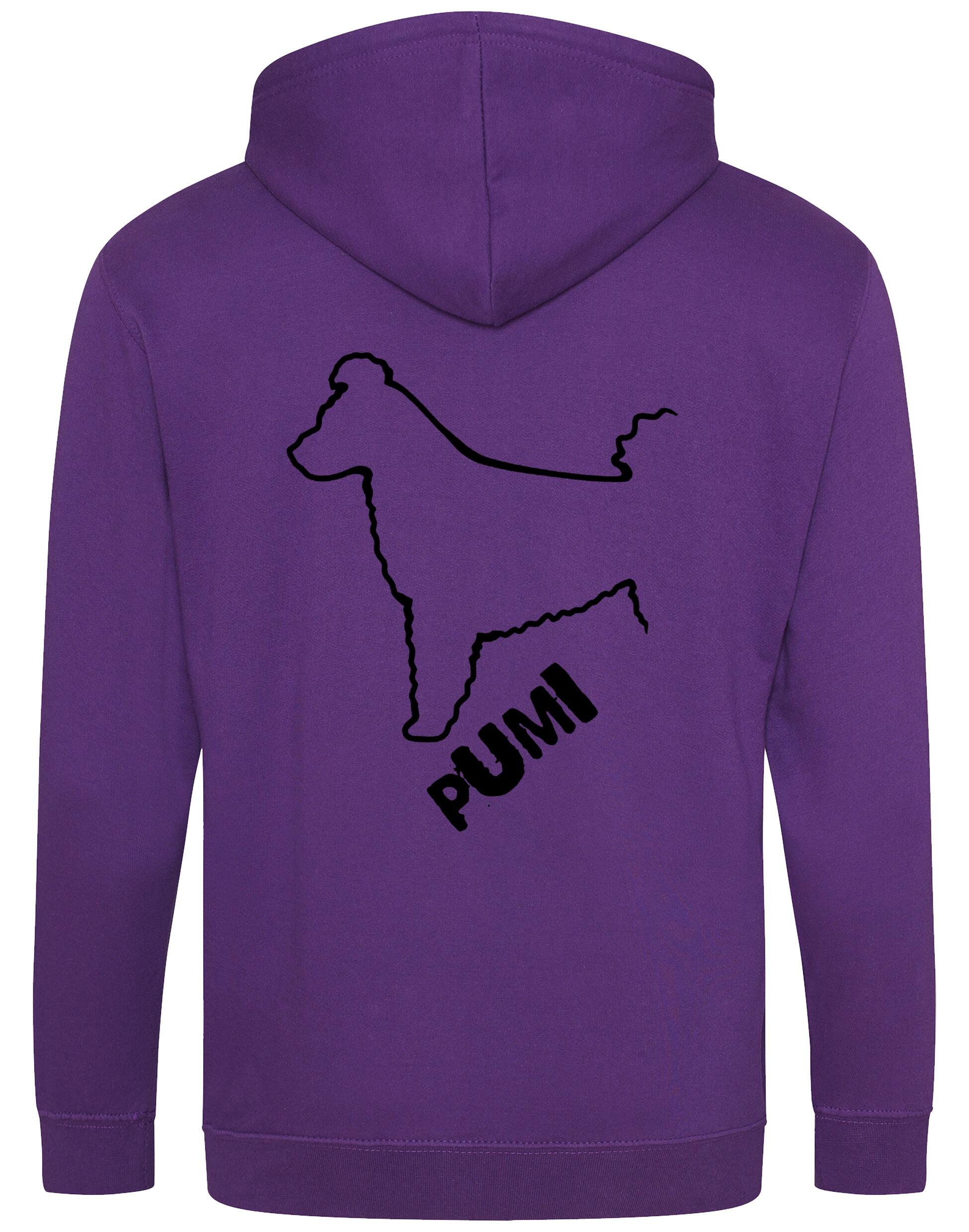 Unisex Hungarian Pumi Zipped Hoodie featuring exclusive breed artwork with personalization options, crafted from premium heavy-blend fabric with a cozy brushed fleece interior, full-zip closure, and a spacious kangaroo pocket for stylish, comfortable outdoor wear.