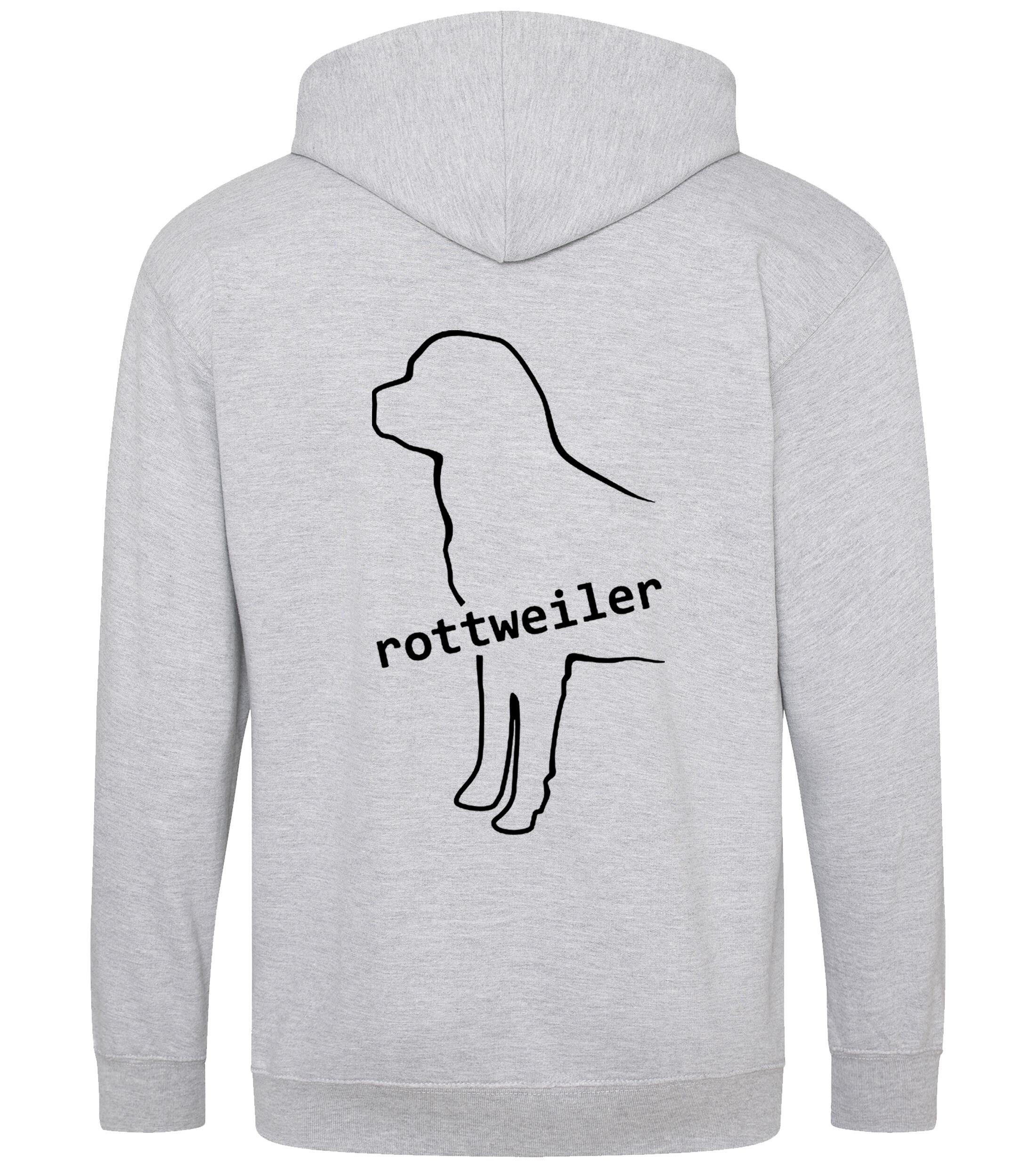 Rottweiler Zipped Hoodie featuring exclusive breed artwork, soft fleece interior, heavy-blend fabric, full-zip closure, double-fabric hood, spacious front pockets, and personalization options for breed enthusiasts.