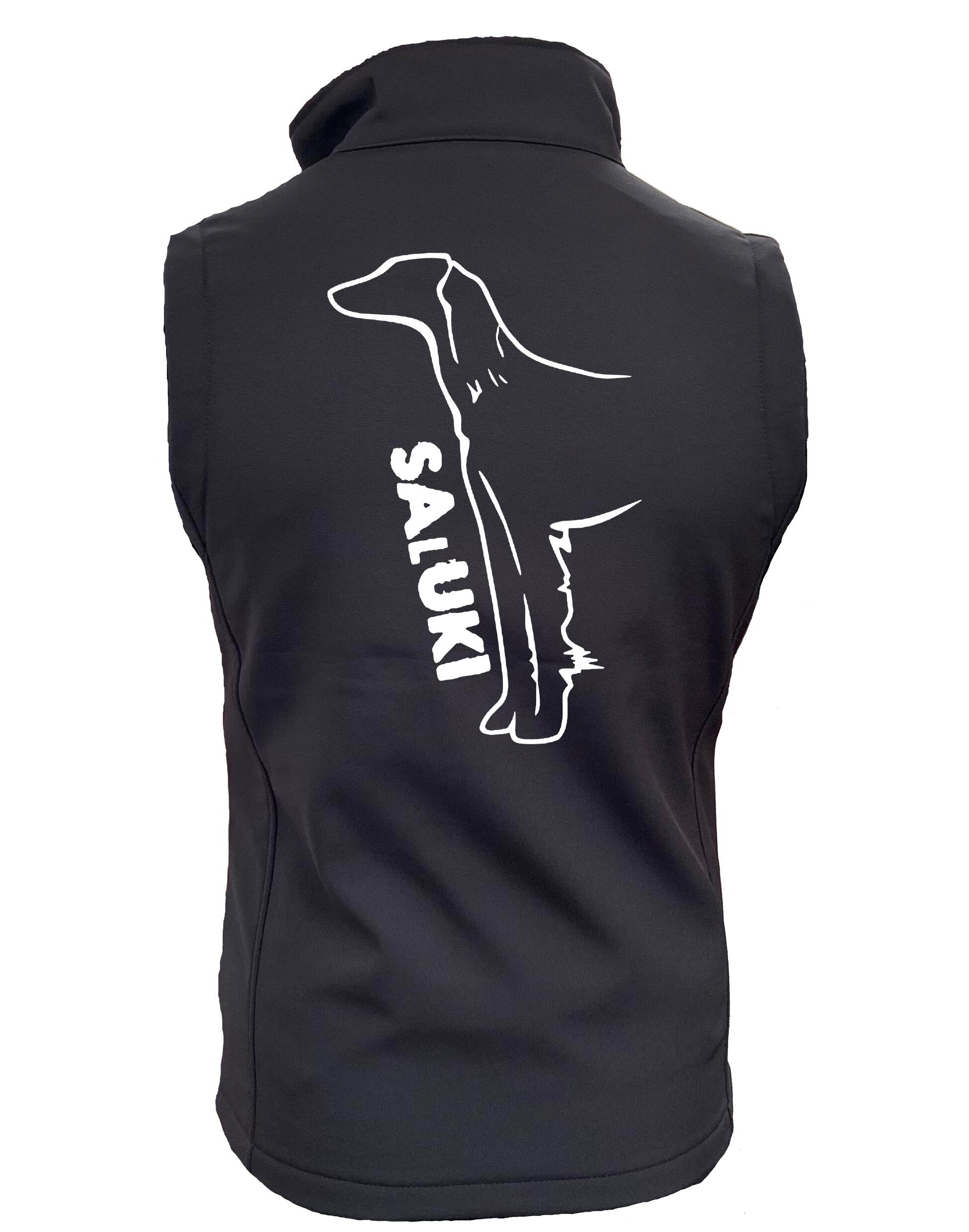 Saluki Unisex Softshell Gilet featuring exclusive breed artwork, water-resistant lightweight fabric, soft fleece lining, full-zip front, and relaxed unisex fit for comfort, versatility, and breed pride.