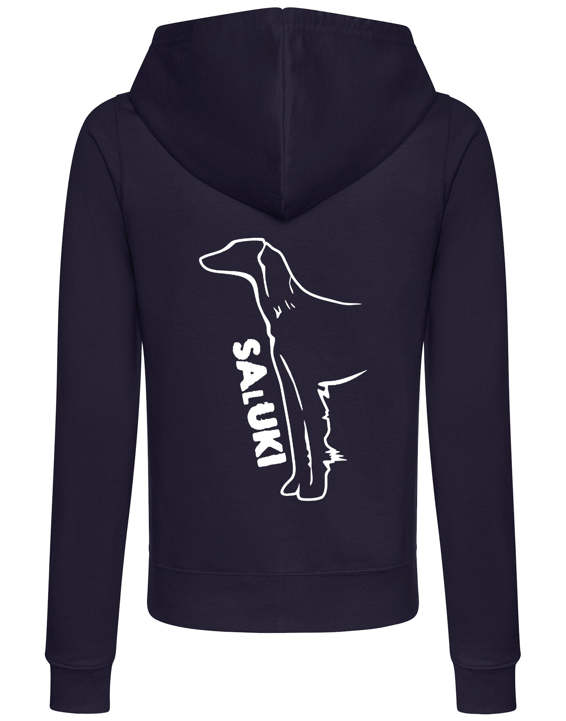 Saluki Women’s Zipped Hoodie featuring exclusive breed artwork, soft breathable fabric, flattering feminine fit, full-zip closure, cozy hood, and practical front pockets for breed enthusiasts.