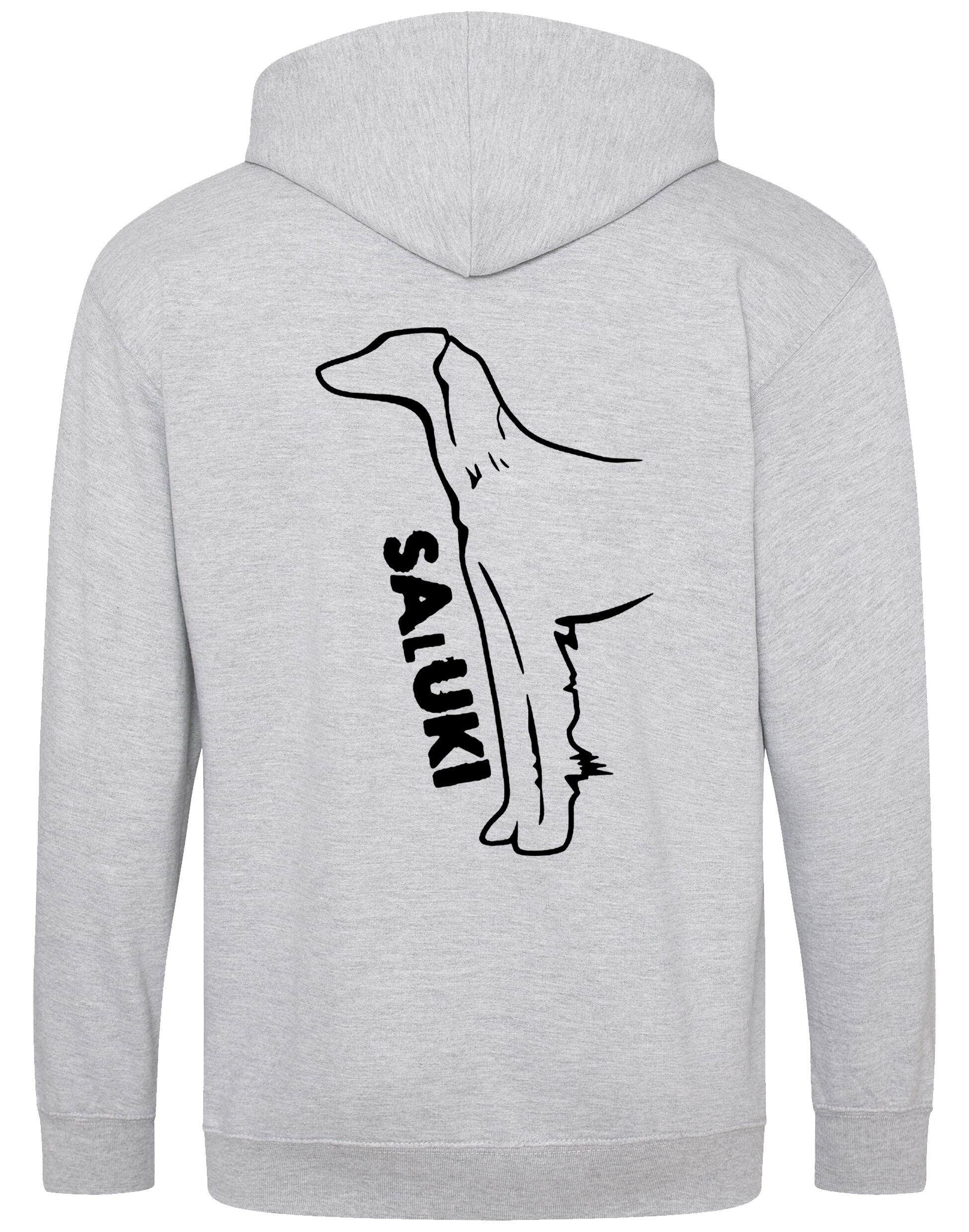 Saluki Zipped Hoodie featuring exclusive breed artwork, soft fleece interior, heavy-blend fabric, full-zip closure, double-fabric hood, spacious front pockets, and personalization options for breed enthusiasts.