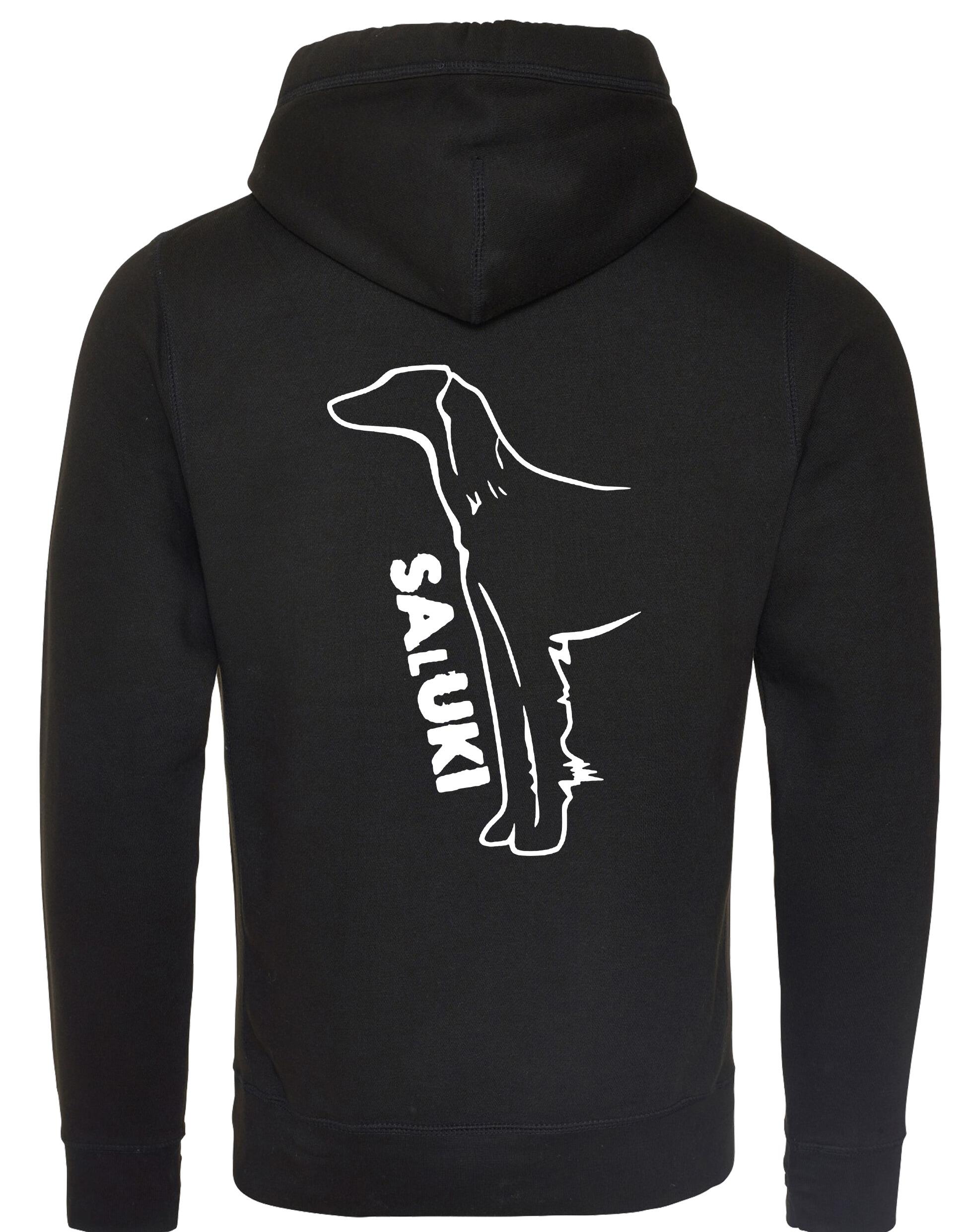 Saluki Crossneck Pullover Hoodie featuring exclusive breed artwork, soft fleece interior, heavy-blend fabric, modern crossneck design, kangaroo pocket, ribbed cuffs and hem, and relaxed unisex fit for breed enthusiasts.