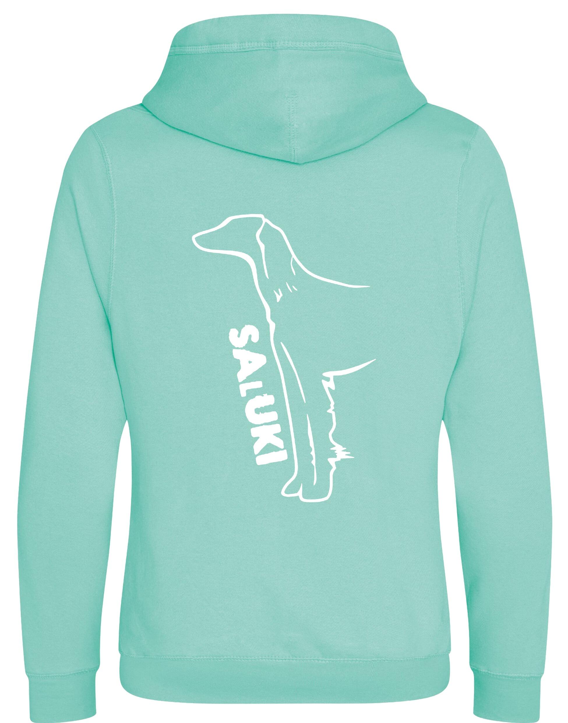 Saluki Crossneck Pullover Hoodie featuring exclusive breed artwork, soft fleece interior, heavy-blend fabric, modern crossneck design, kangaroo pocket, ribbed cuffs and hem, and relaxed unisex fit for breed enthusiasts.