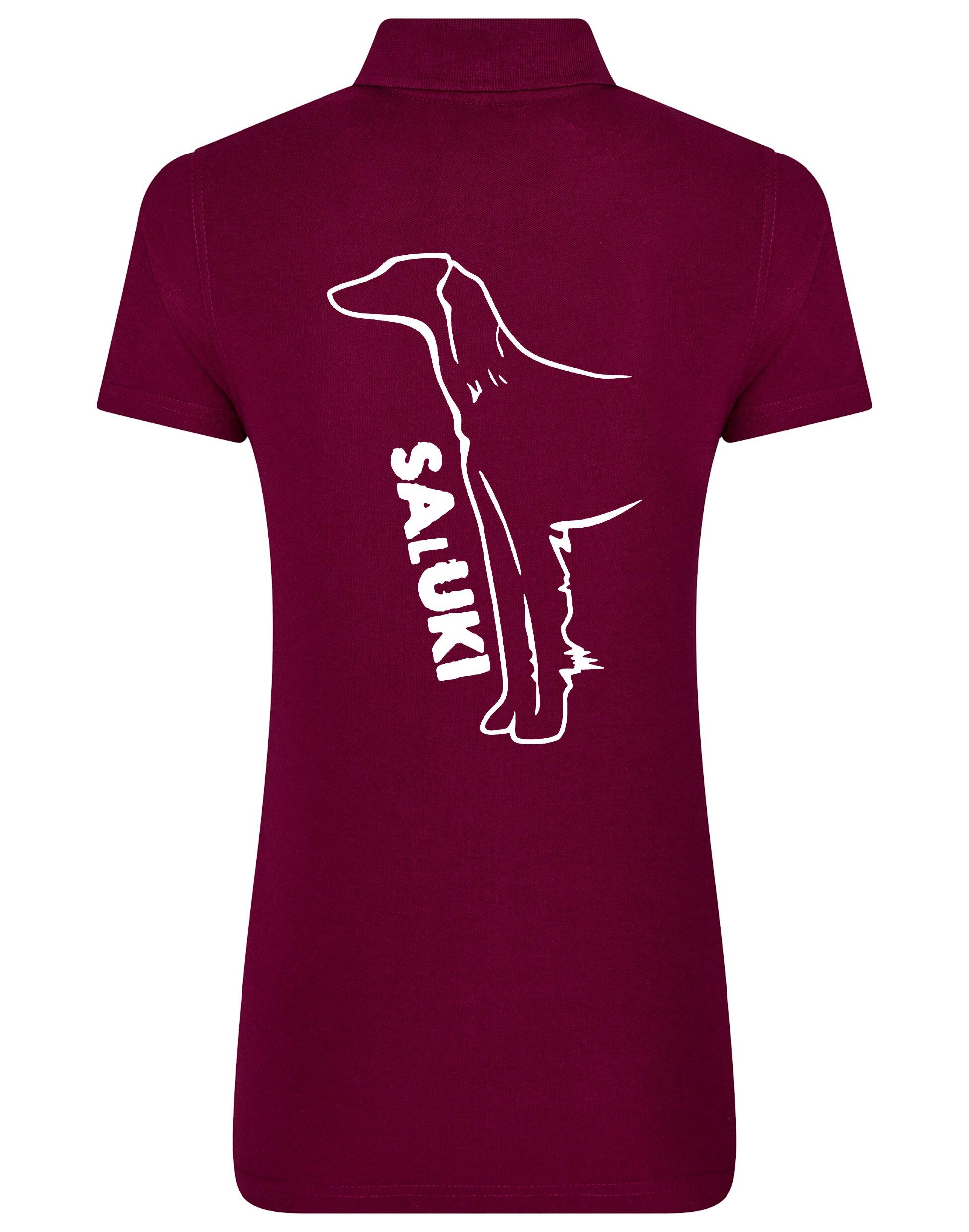 Saluki Women’s Cotton Polo featuring exclusive breed artwork, soft breathable cotton fabric, structured collar, flattering feminine fit, and polished style for breed enthusiasts.