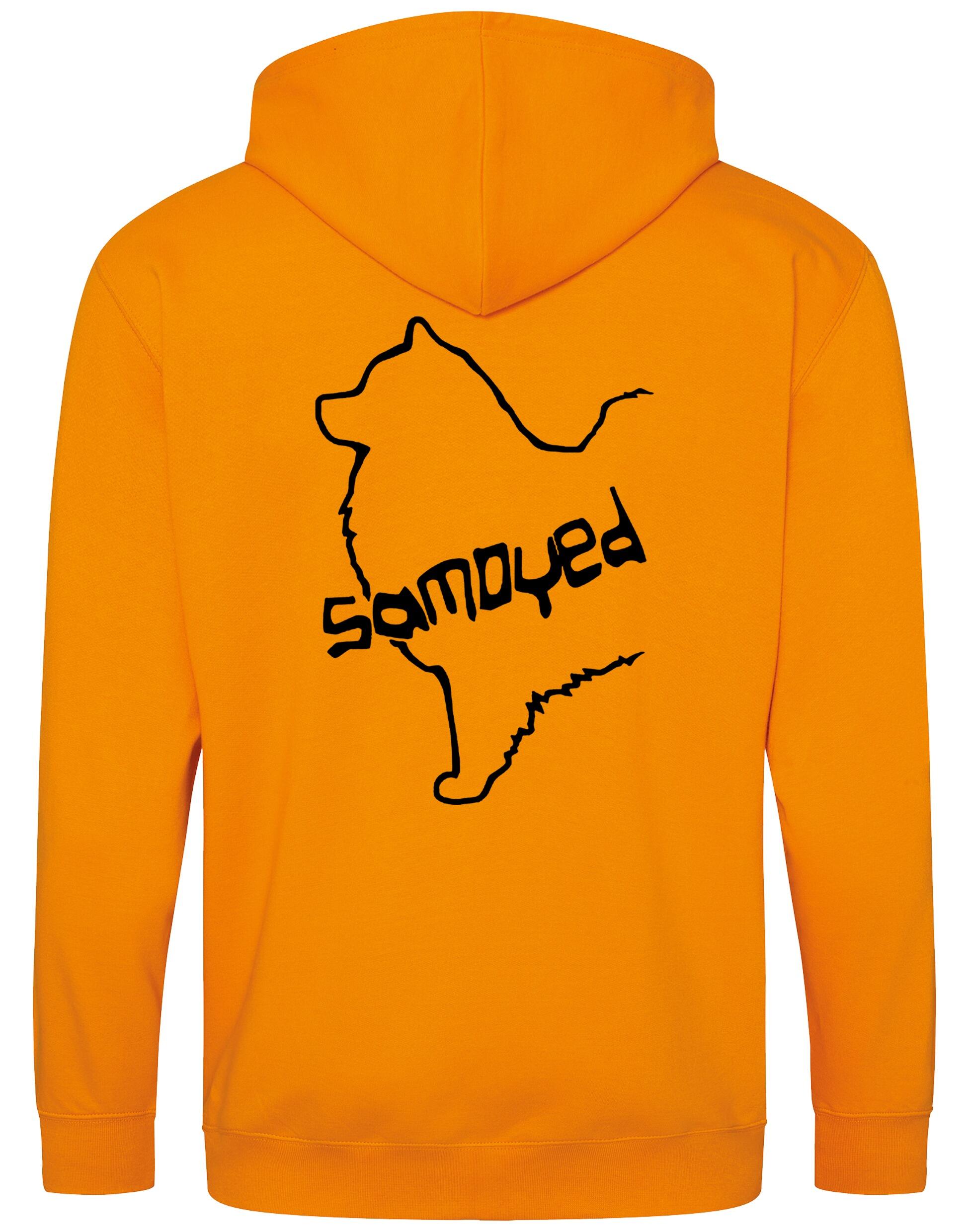 Samoyed Zipped Hoodie featuring exclusive breed artwork, soft fleece interior, heavy-blend fabric, full-zip front, double-fabric hood, spacious front pockets, and personalization options for breed enthusiasts.