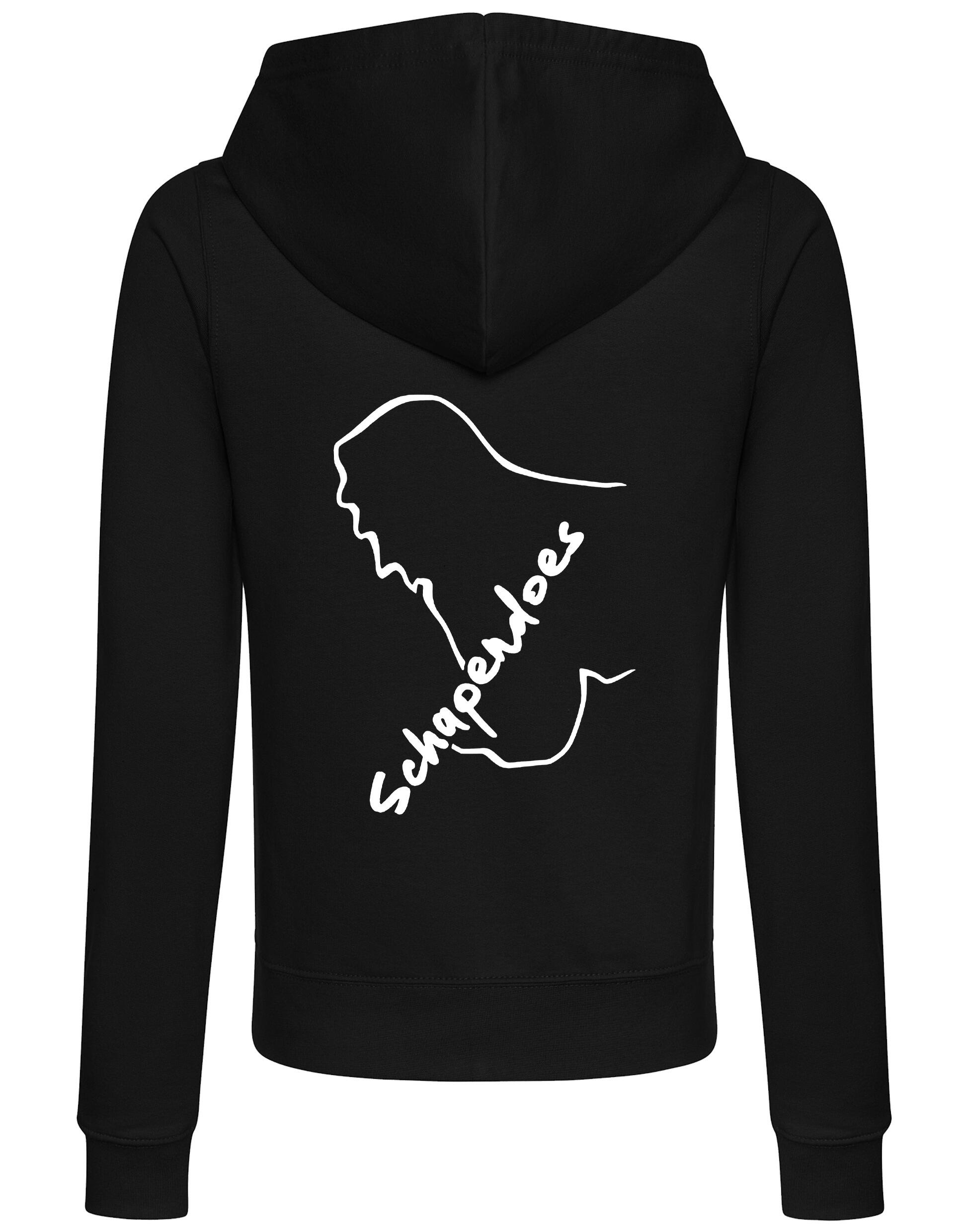 Schapendoes Women’s Zipped Hoodie featuring exclusive breed artwork, breathable fabric, full-zip closure, feminine fit, front pockets, and hood for stylish comfort and breed pride.