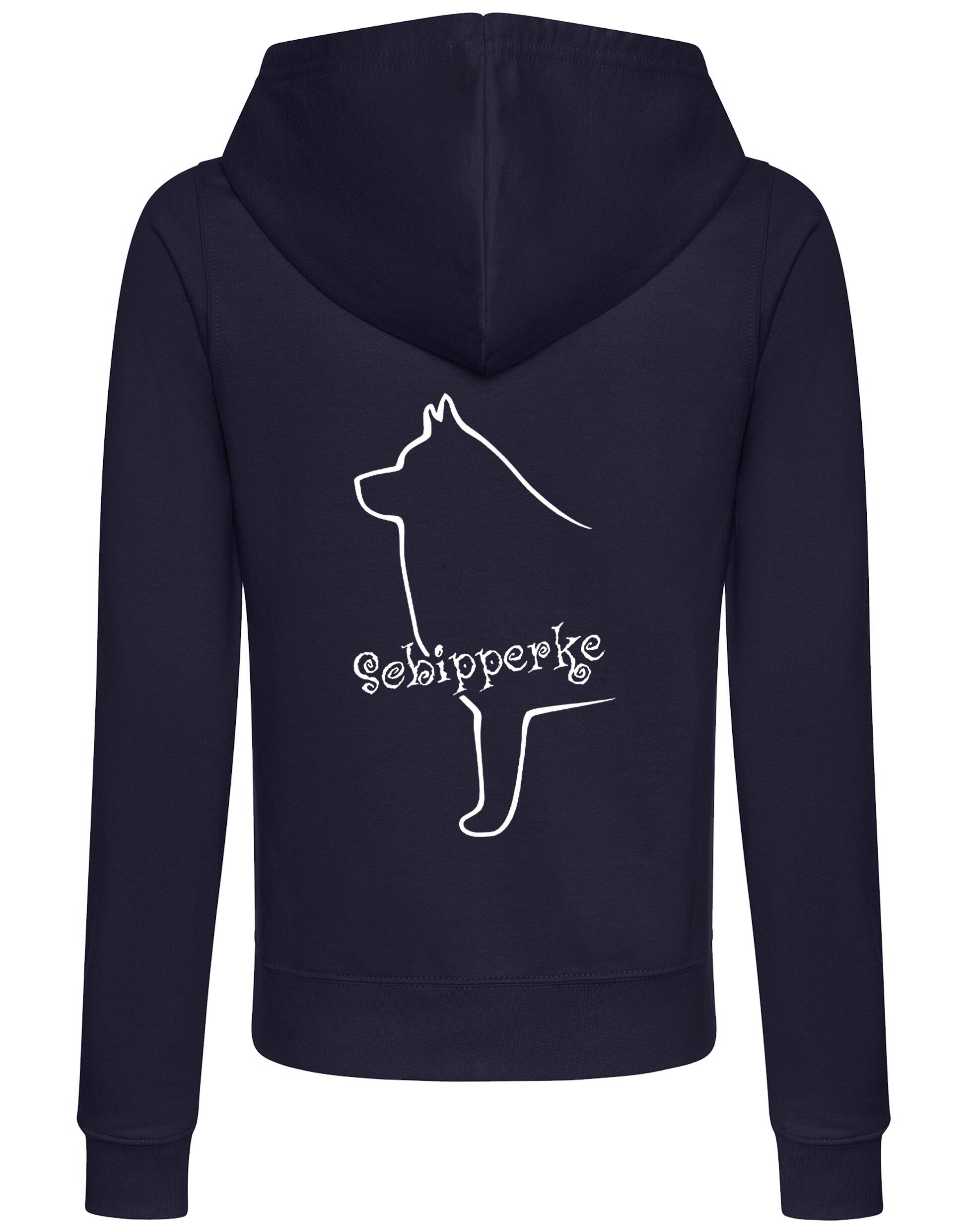 Women's zipped hoodie featuring exclusive Schipperke design, showcasing a detailed breed graphic on the back, with a cozy hood and practical front pockets.