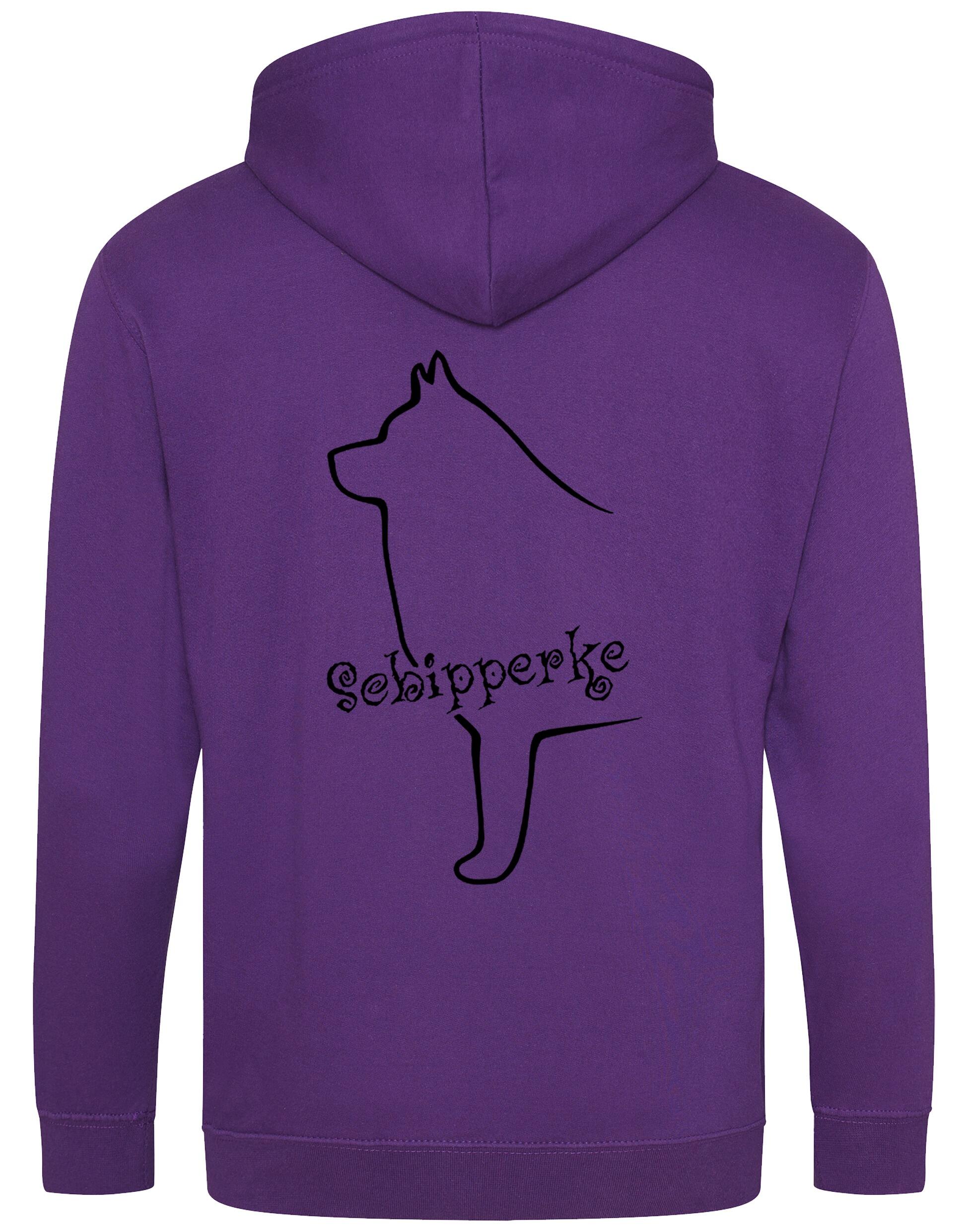 Zipped hoodie featuring exclusive Schipperke design, showcasing detailed breed artwork on the back, with a cozy double-fabric hood and spacious front pockets.